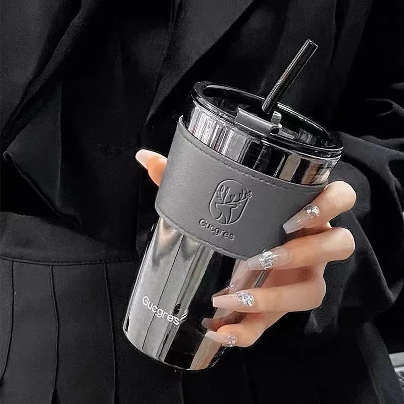 KD ZONE 450ML Glass Tumbler with Leather Sleeve - Insulated Coffee Mug with Glass Straw & Lid for Hot/Cold Drinks - Perfect for Juice, Milk, Tea - Ideal Travel Cup for Office, Commuting & Outdoor Activities (Black, Pack of 1)