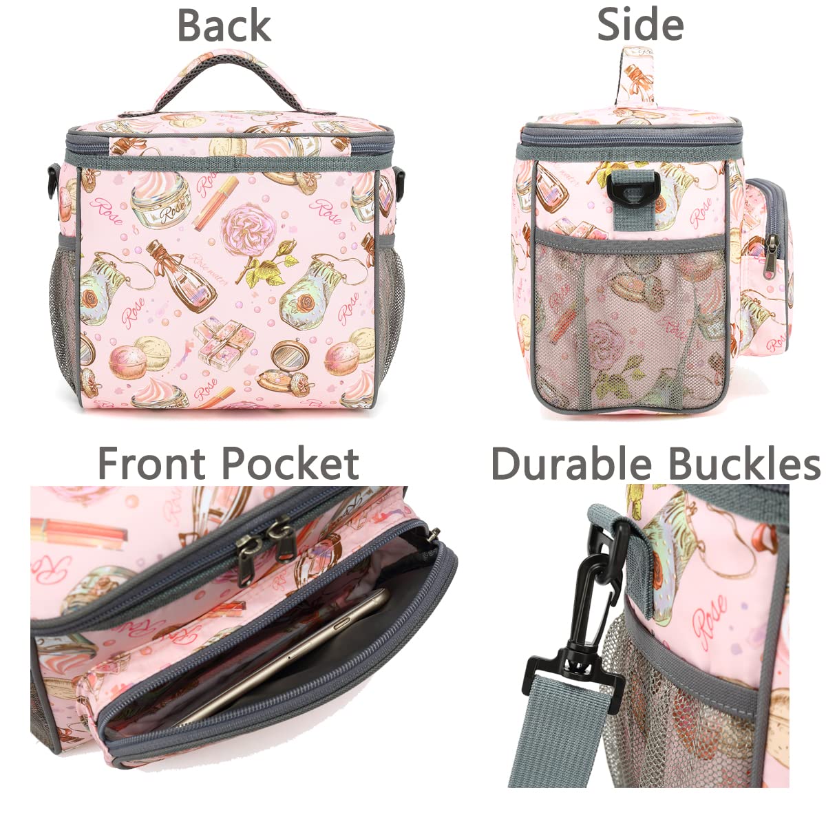 FlowFly Insulated Reusable Lunch Bag for Adults - Large Lunch Box with Adjustable Shoulder Strap, Front Zipper Pocket & Dual Mesh Side Pockets - Perfect for Work, School, Picnics & Travel (Rose)