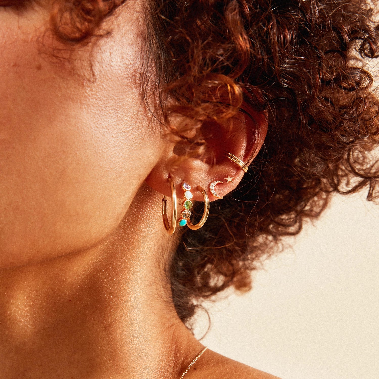 14K Yellow Gold Five Stone Mood Hoop Earrings with Tanzanite, Larimar, Emerald, London Blue Topaz & Turquoise | Coastal Nomad Jewelry for Beach Weddings, Boho Fashion & Everyday Elegance