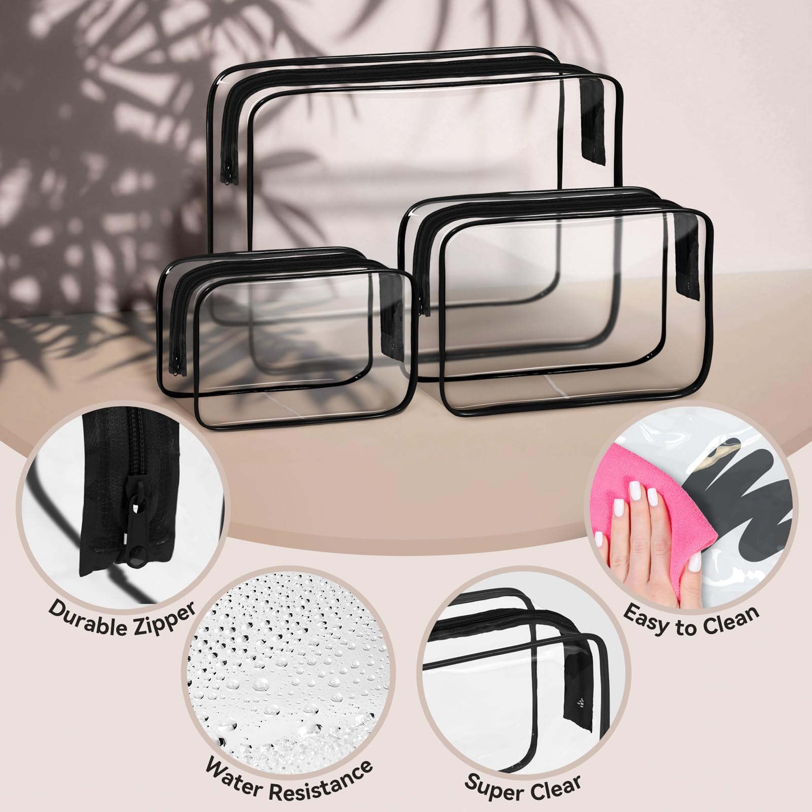 TISRATOK 16 PCS Clear Makeup Bag Set - Waterproof PVC Travel Toiletry Organizer for Cosmetics, Toys & Essentials - Small Black Storage Pouch for Women & Men - Perfect for Travel, Home & Office Organization