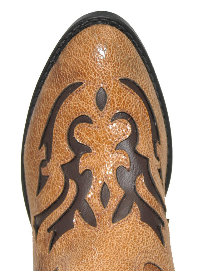 Old West VJ9113 Girls Cowgirl Boots - Round Toe Western Boots with Inlay Design, Tan Leather - Perfect for Rodeo, Country Dance & Western Fashion