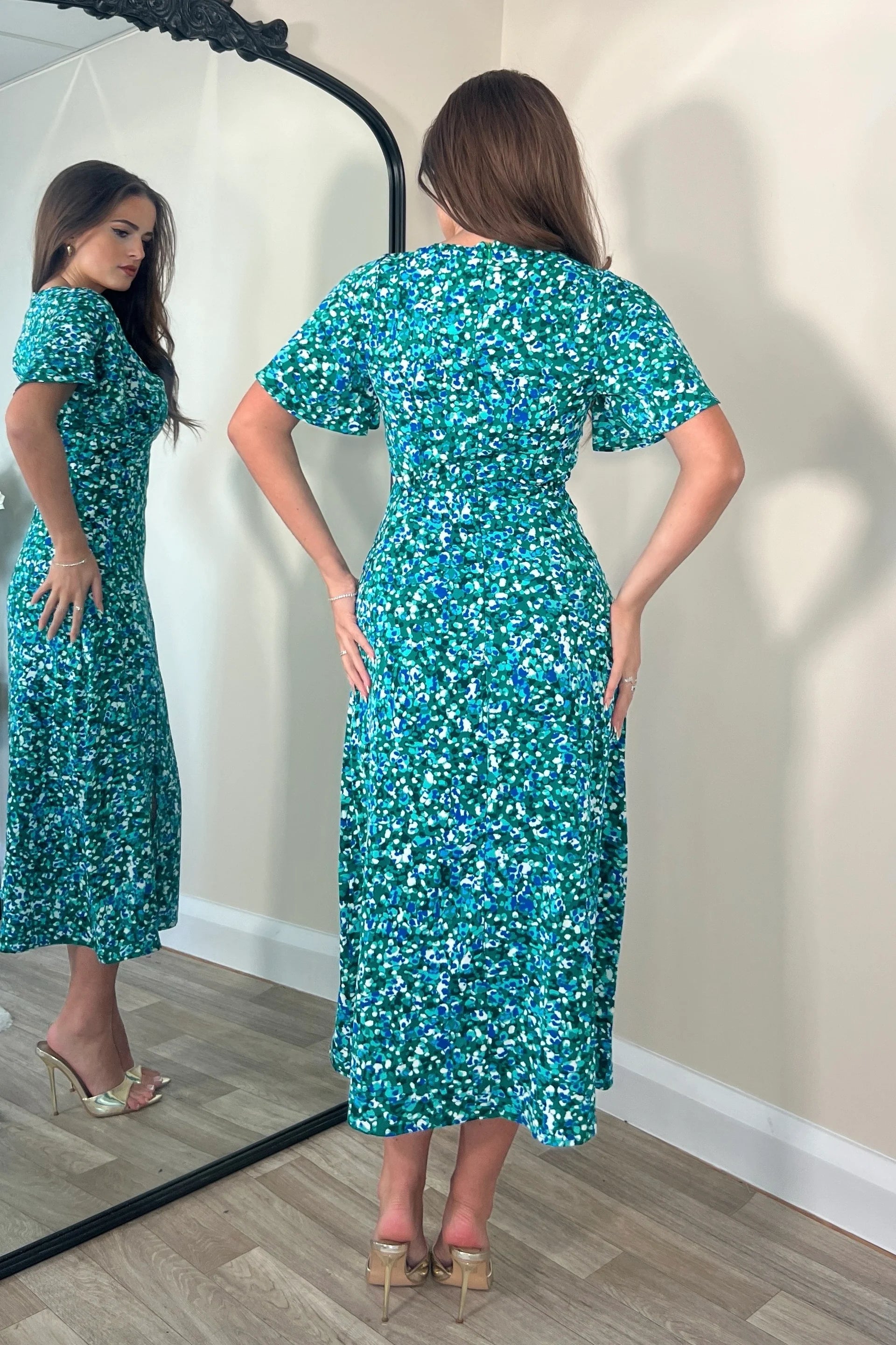 LEVI ANGEL SLEEVE SPLIT LEG MIDI DRESS - Women's Floral Print Summer Dress with Slit Design (Green) | Perfect for Beach Vacation, Date Night & Casual Outings