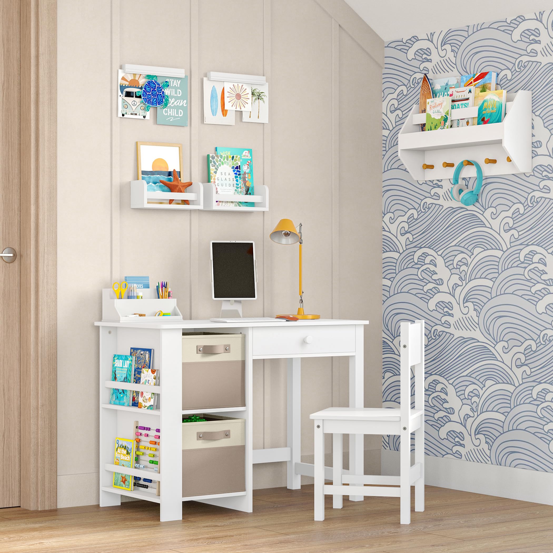 RiverRidge Kids Chair and Desk Set with Storage Cubbies, Drawer & Bookracks - Study Art Table for Children's Bedroom, Perfect for Homework, Drawing & Reading Activities