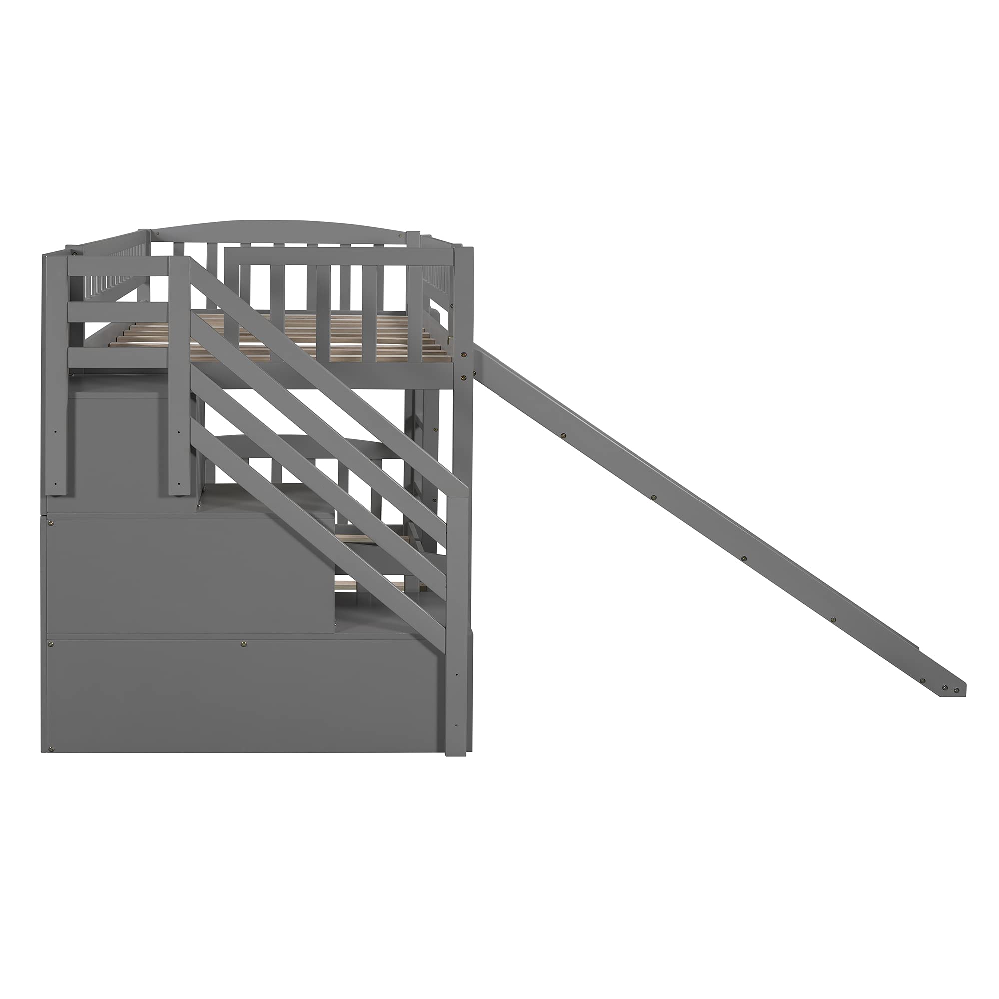 Rhomtree Twin Over Twin Bunk Bed with Slide - Convertible Kids Loft Bed Frame with Ladder, Full-Length Guardrails & 2 Storage Drawers - No Box Spring Needed (Gray) - Perfect for Small Bedrooms, Playrooms & Sleepovers