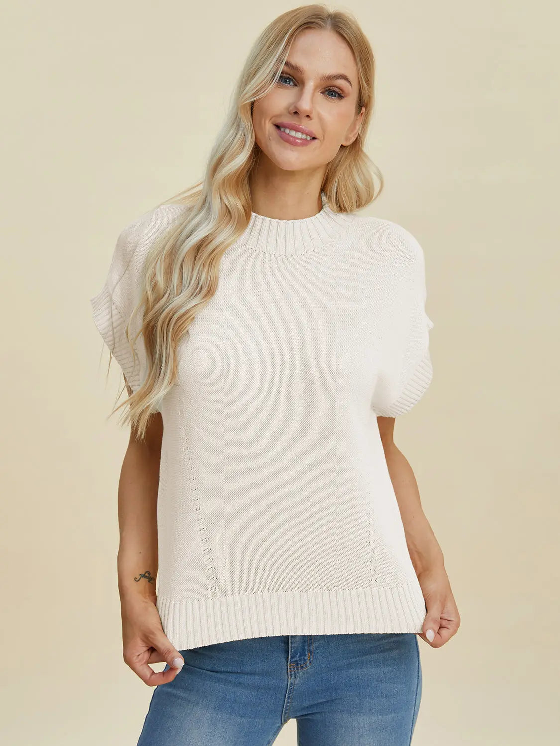 Double Take Full Size Mock Neck Short Sleeve Sweater for Women - Soft Knit Pullover Top for Casual Wear & Office Outfits | Perfect for Fall & Winter Layering
