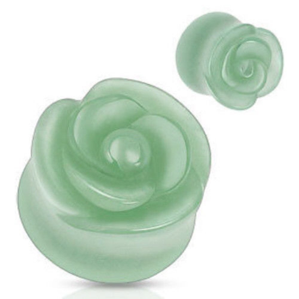 Premium Carved Jade Green Adventurine Stone Rose Flower Double Flare Plugs (2g-5/8) - Handmade Stretching Ear Gauges for Women & Men | Perfect for Boho Style, Body Jewelry & Spiritual Healing