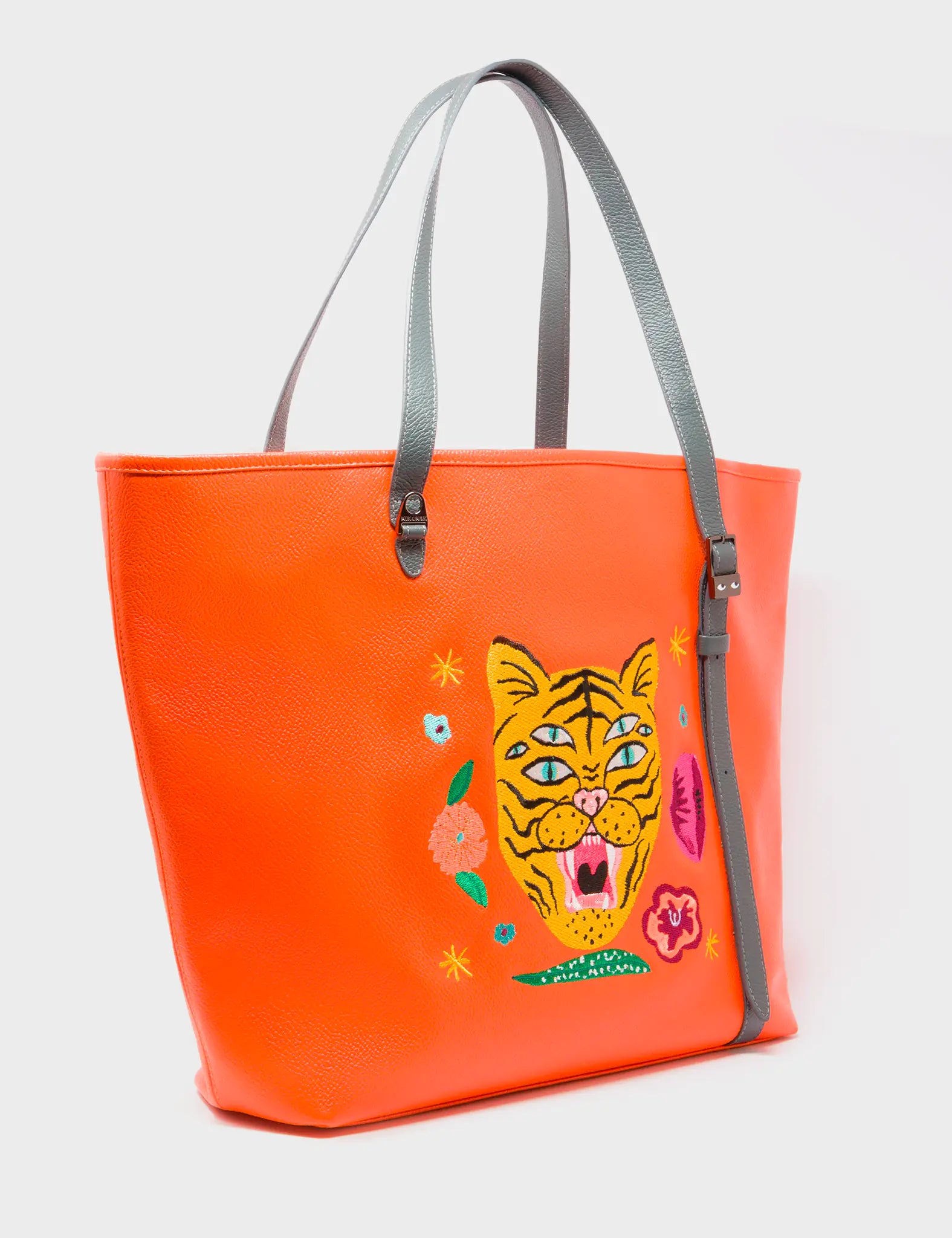 Bruno Vermillion Leather Tote Bag with Tiger and Floral Embroidery - Stylish Handbag for Women, Work, Travel & Everyday Use
