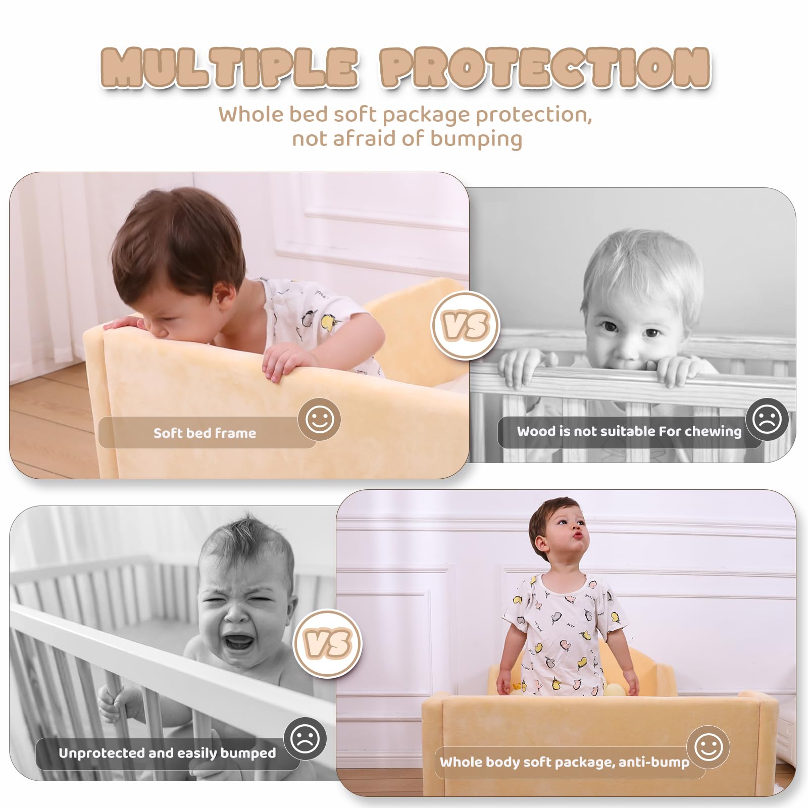 Round Toddler Bed with Safety Rail & Upholstered Headboard - Standard Crib Size Floor Bed for Kids 18 Months to 6 Years (Yellow, No Mattress Included) | Perfect for Montessori Rooms, Daycare Centers & Safe Toddler Sleep Spaces