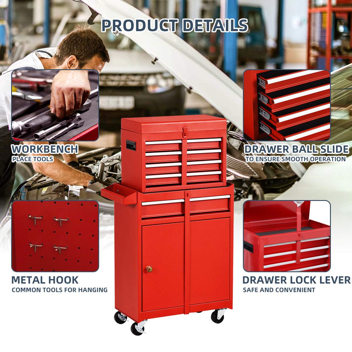 X&T 5-Drawer Rolling Tool Chest Set - Heavy Duty 2-Piece Steel Tool Cabinet Combo with Lockable Drawers & Wheels for Garage, Workshop, Warehouse Organization (Red) | Perfect for Mechanics, DIY Enthusiasts & Professional Tool Storage