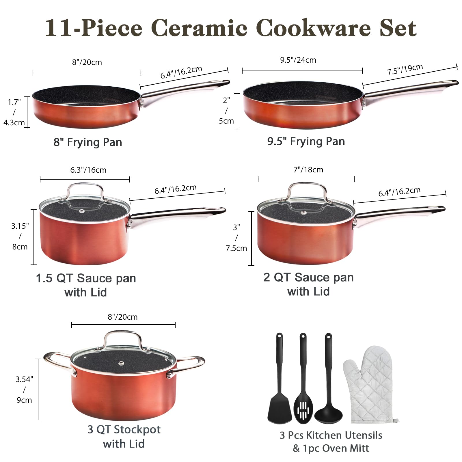 11-Piece Nonstick Ceramic Cookware Set - PFOA Free, Induction Compatible, Oven Safe Handles (450°F) - Perfect for Sauteing, Frying & Baking - Healthy Non-Toxic Pots and Pans for Home Kitchen