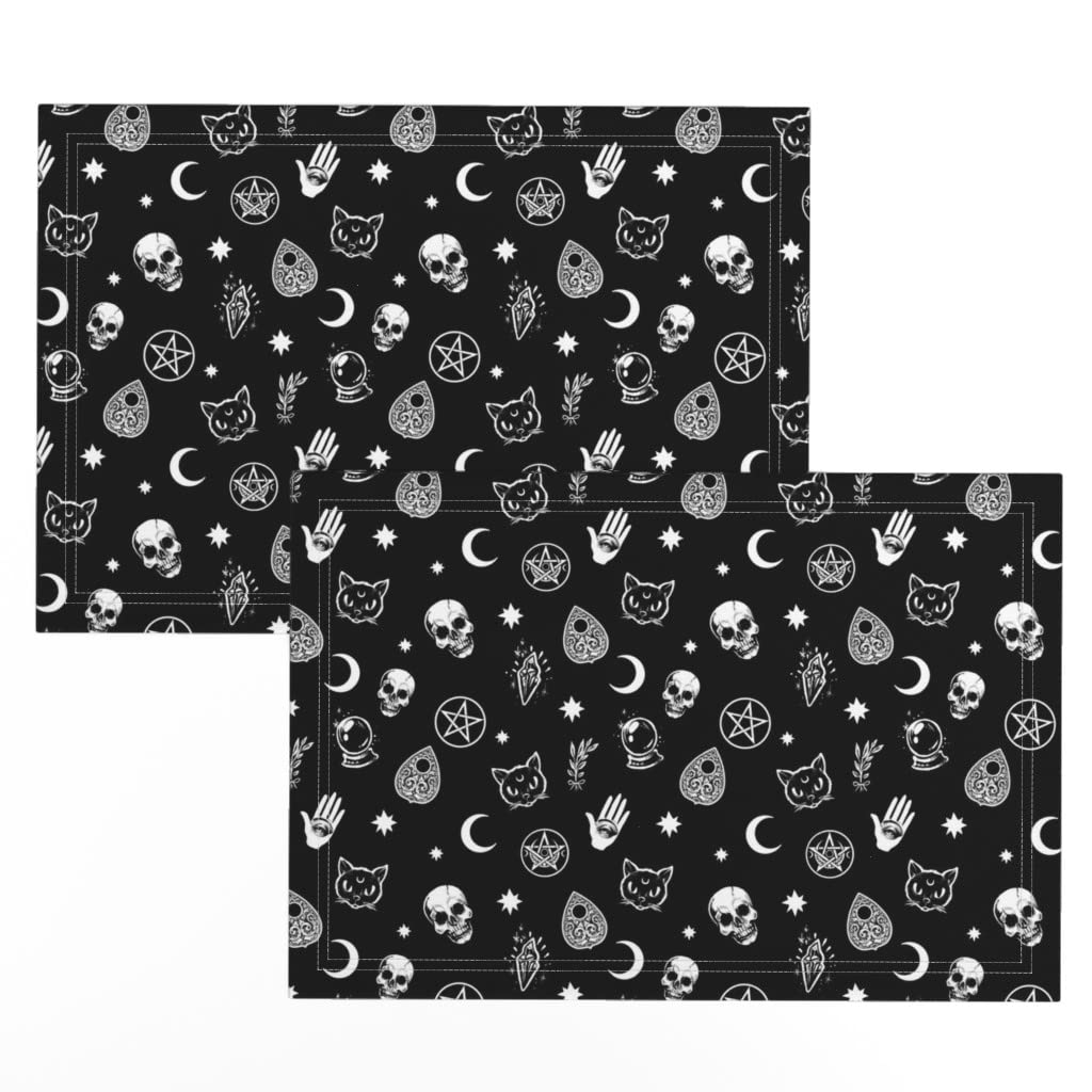 Premium Linen Cotton Canvas Placemats Set of 2 - Gothic Black Cat & Skull Halloween Witch Design for Dining Table Decor | Perfect for Halloween Party, Gothic Dinner, Witchy Kitchen & Spooky Home Decor