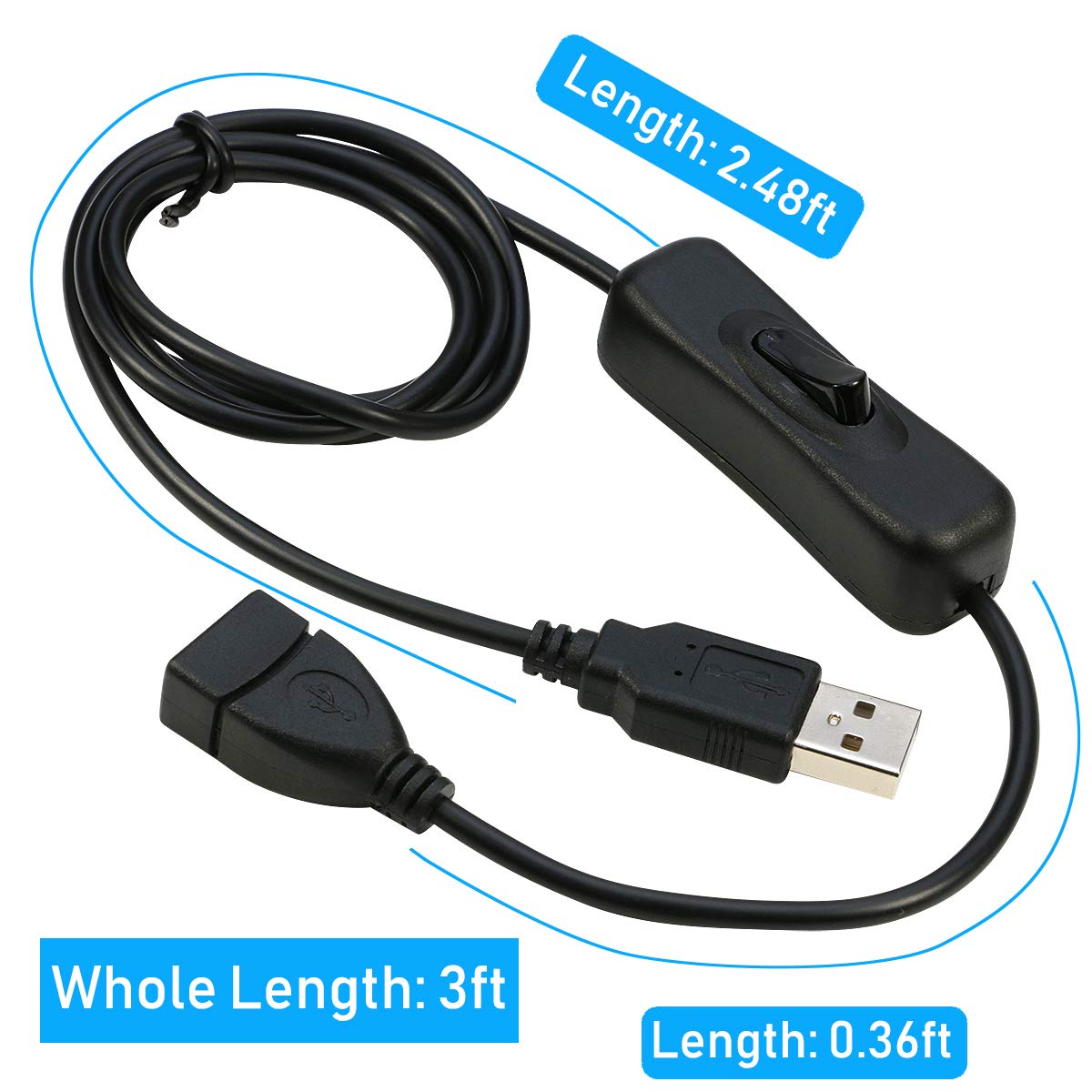 RIITOP USB Extension Cable with ON/OFF Switch - 3.3ft Male to Female USB 2.0 Extender for Headphones, LED Lights, Keyboards, Webcams (2-Pack) - Perfect for Home Office, Gaming Setup & Smart Devices