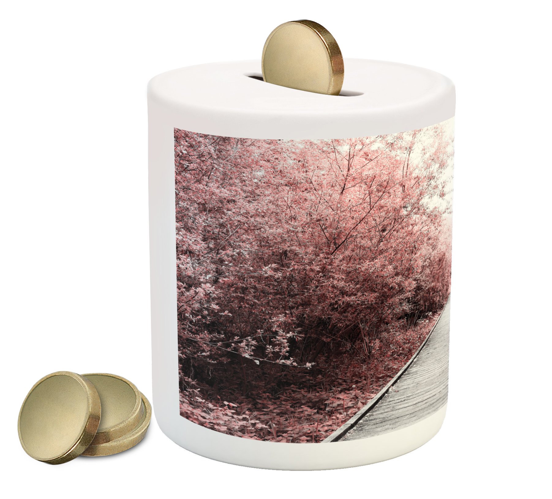 Ambesonne Ceramic Piggy Bank - City Park Trees & Mysterious Forest Design, Money Box for Cash Saving in Pale Pink & Grey | Perfect Gift for Kids, Home Decor, Office Savings