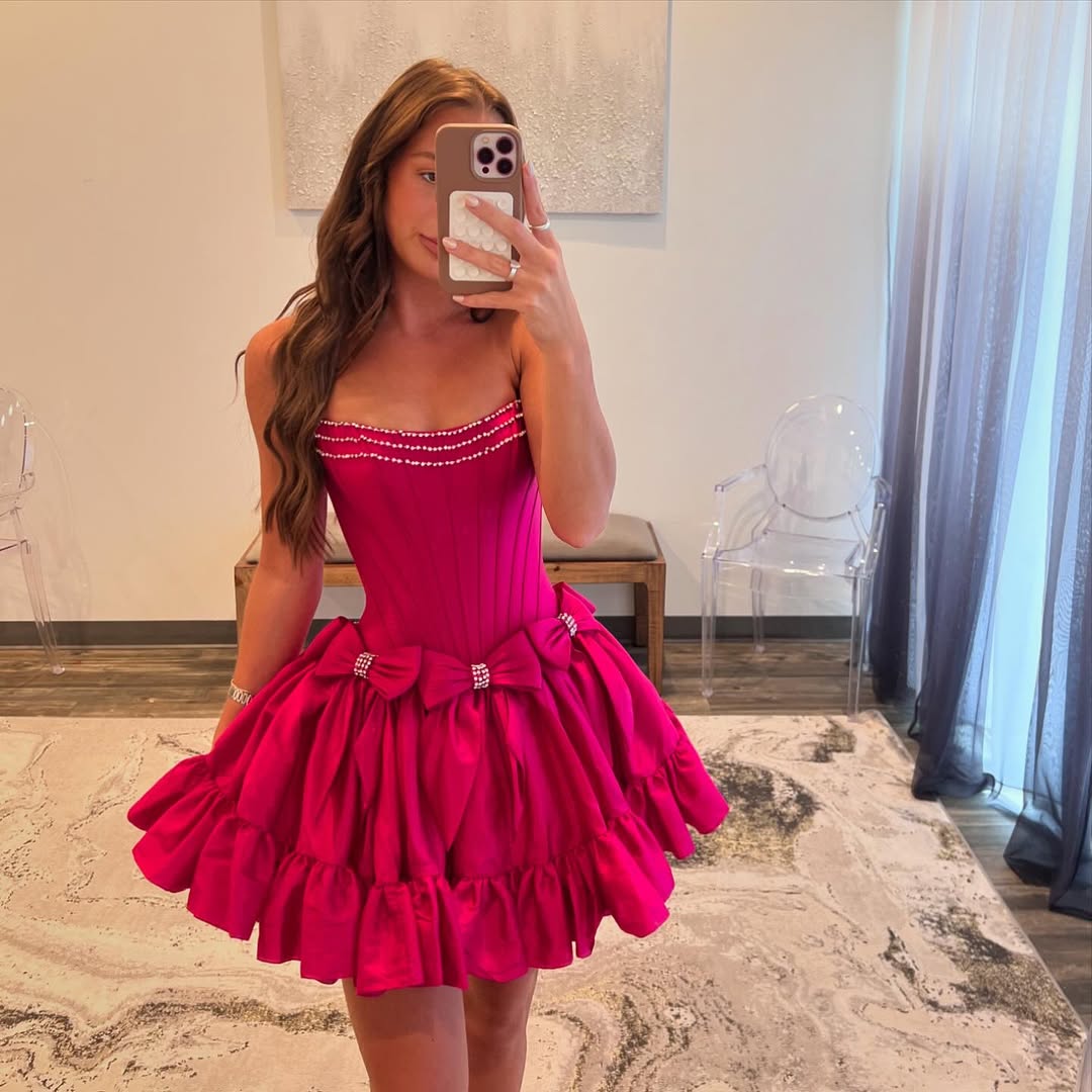 Hot Pink A-Line Short Prom Dress - Satin Homecoming Party Dress J5282 for Teens, Sweet 16, Quinceañera, and Formal Events