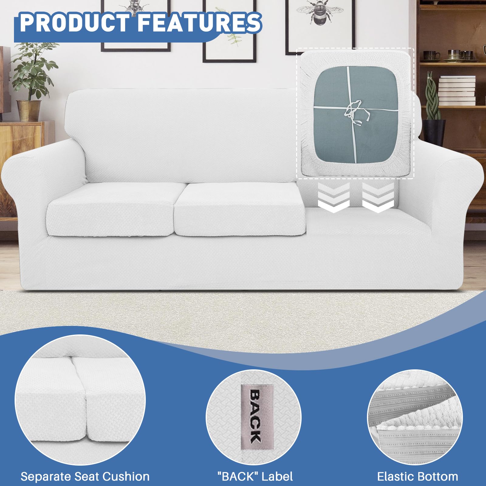 JIVINER 4-Piece Oversized Stretch Sofa Slipcover Set with 3 Extra Large Seat Cushion Covers - Thick Fitted Couch Cover for 3-Cushion Sofa in Living Room (XL, Off White) | Perfect for Home Decor, Furniture Protection & Pet-Friendly Households