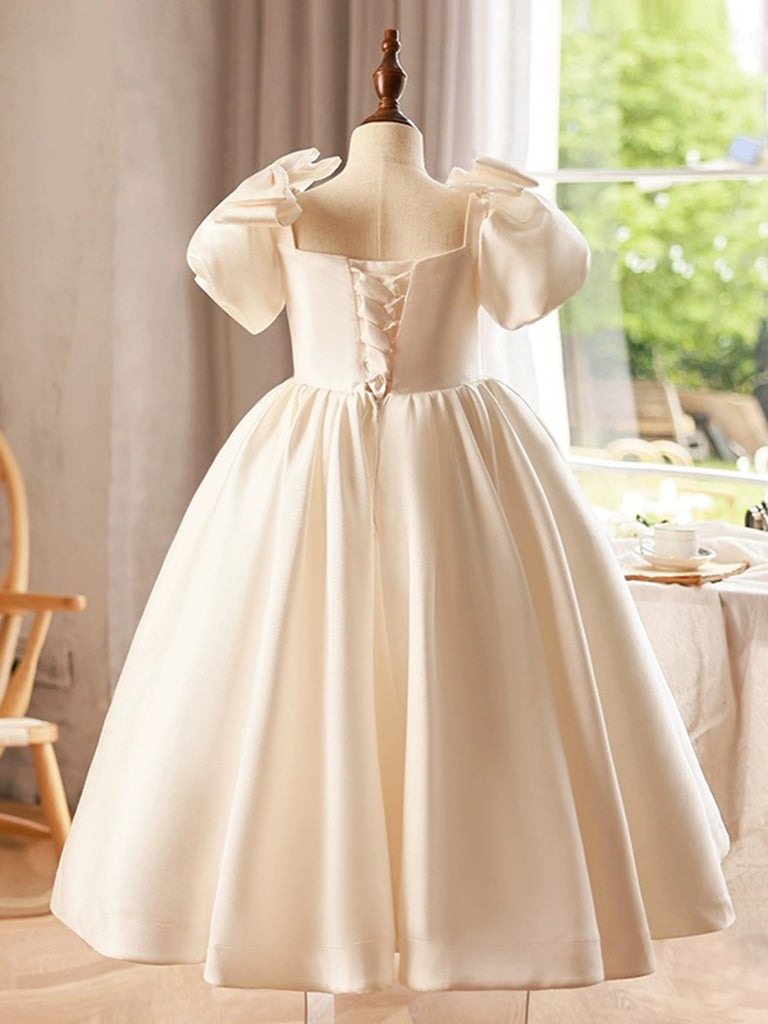 Elegant A-Line Puff Sleeves Satin Flower Girl Dress in Beige - Perfect for Weddings, Baptisms & Special Occasions