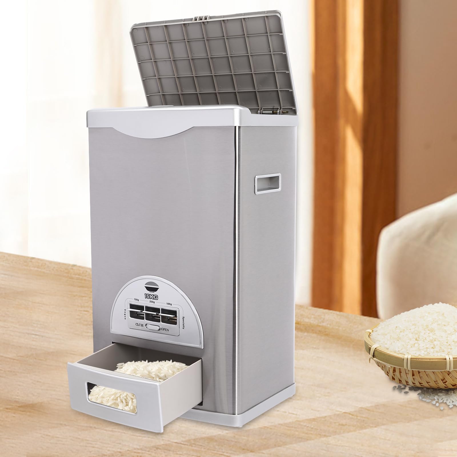 Automatic Rice Dispenser - 15kg/33lb Stainless Steel Rice Storage Container with Measuring Cup | Perfect for Rice Cooker, Kitchen Organization & Bulk Food Storage | Ideal for Restaurants, Home Kitchens & Meal Prep