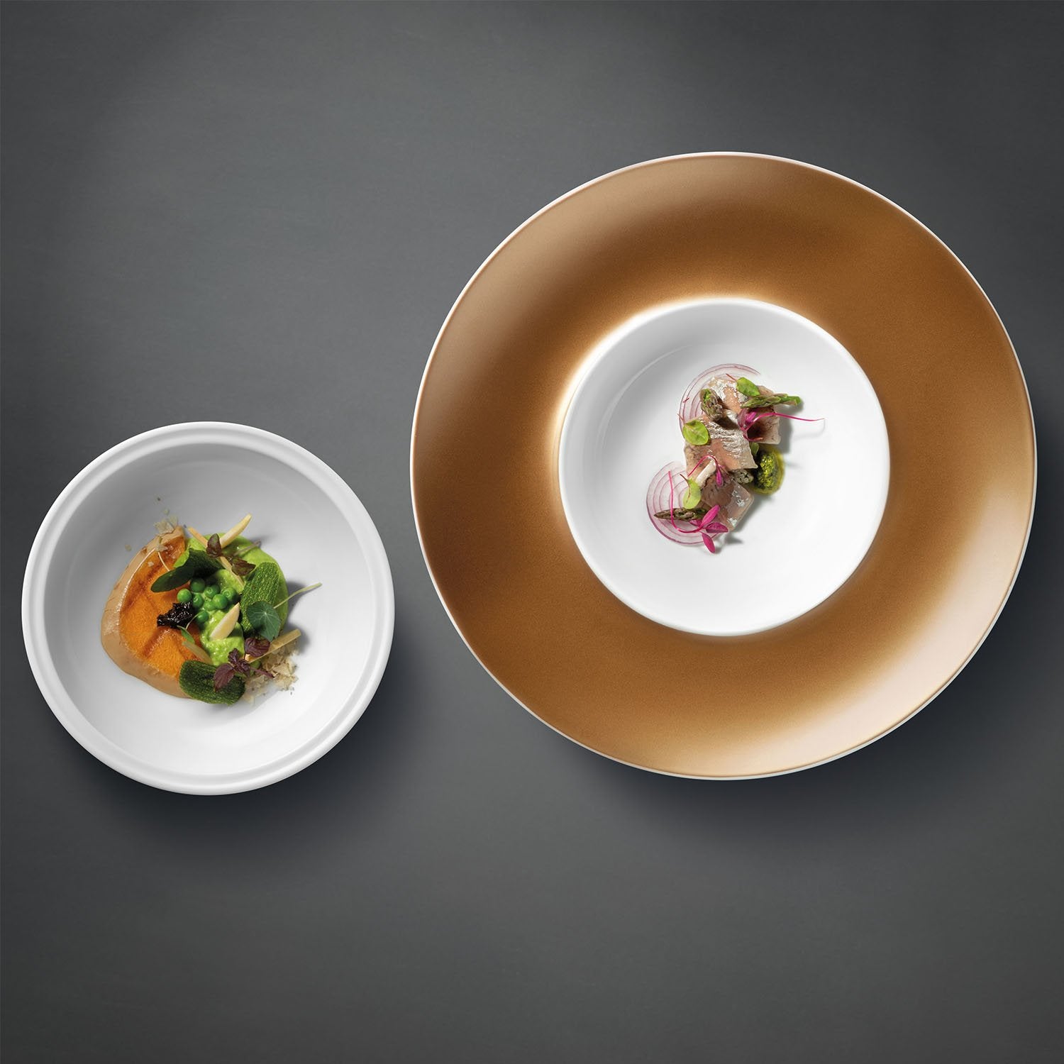 BergHOFF GEM 2-Piece Deep Presentation Plate and Bowl Set - Elegant White and Gold Serving Dishes for Fine Dining, Entertaining & Special Occasions