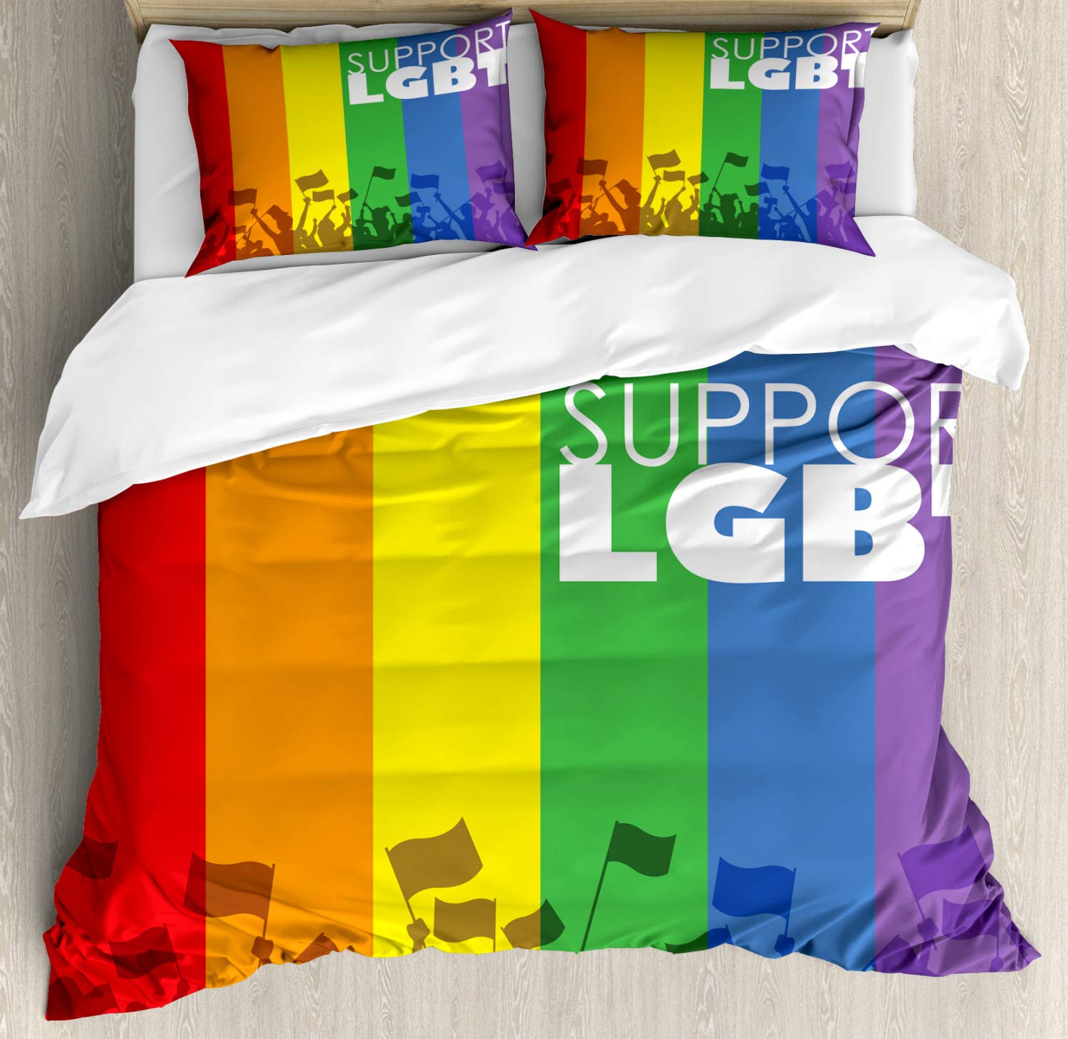 Ambesonne Pride Duvet Cover Set - LGBT Support Calligraphy Celebration Theme with Crowd Silhouette & Flags - 3 Piece King Size Bedding Set with 2 Pillow Shams - Multicolor Decorative Bedroom Set for LGBTQ+ Pride Events & Themed Room Decor