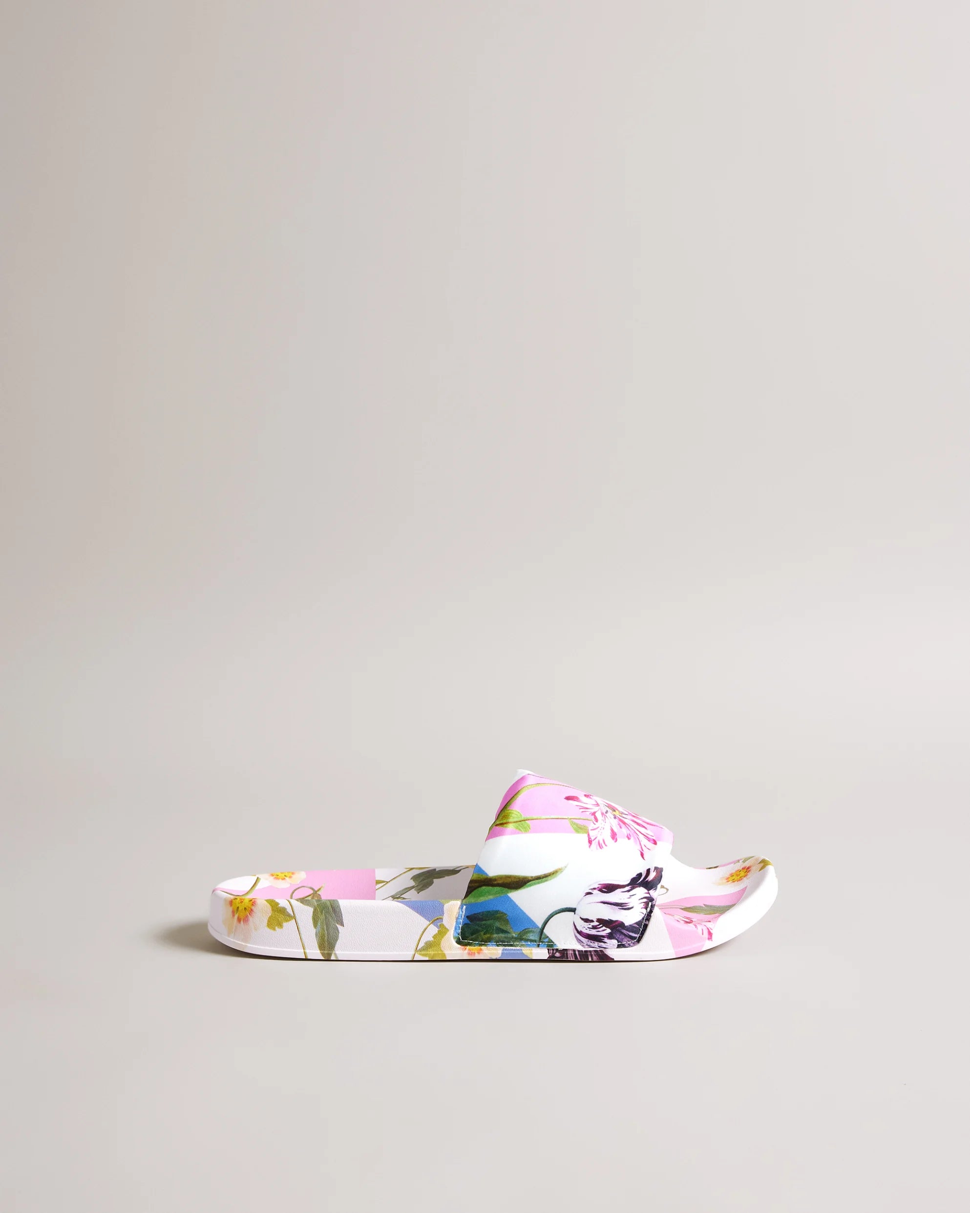 Azzyla Floral Printed Satin Sliders for Women - Comfortable White Slide Sandals for Summer, Beach, and Home Wear