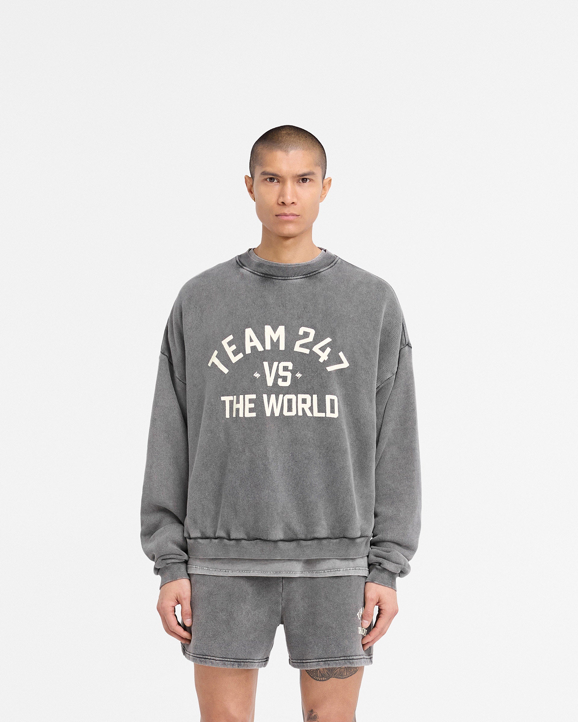 247 Vs The World Boxy Sweater - Oversized Unisex Pullover in Pewter Gray | Trendy Streetwear for Casual Outfits & Layering