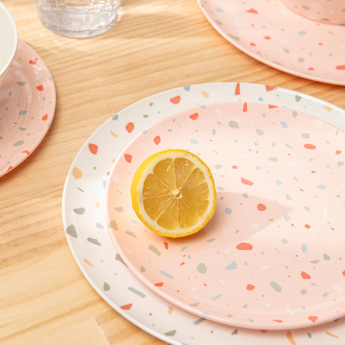12-Piece Outdoor Dinnerware Set - Pink Confetti Design - Durable Melamine Plates, Bowls & Cups - Perfect for Picnics, BBQs, and Pool Parties