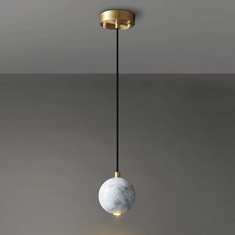 Modern LED Chandelier with Marble Pendant & Round Ball-Shaped Lampshade - Adjustable Copper Hanging Light Fixture for Dining Room, Living Room, and Bedroom Ceiling Lighting