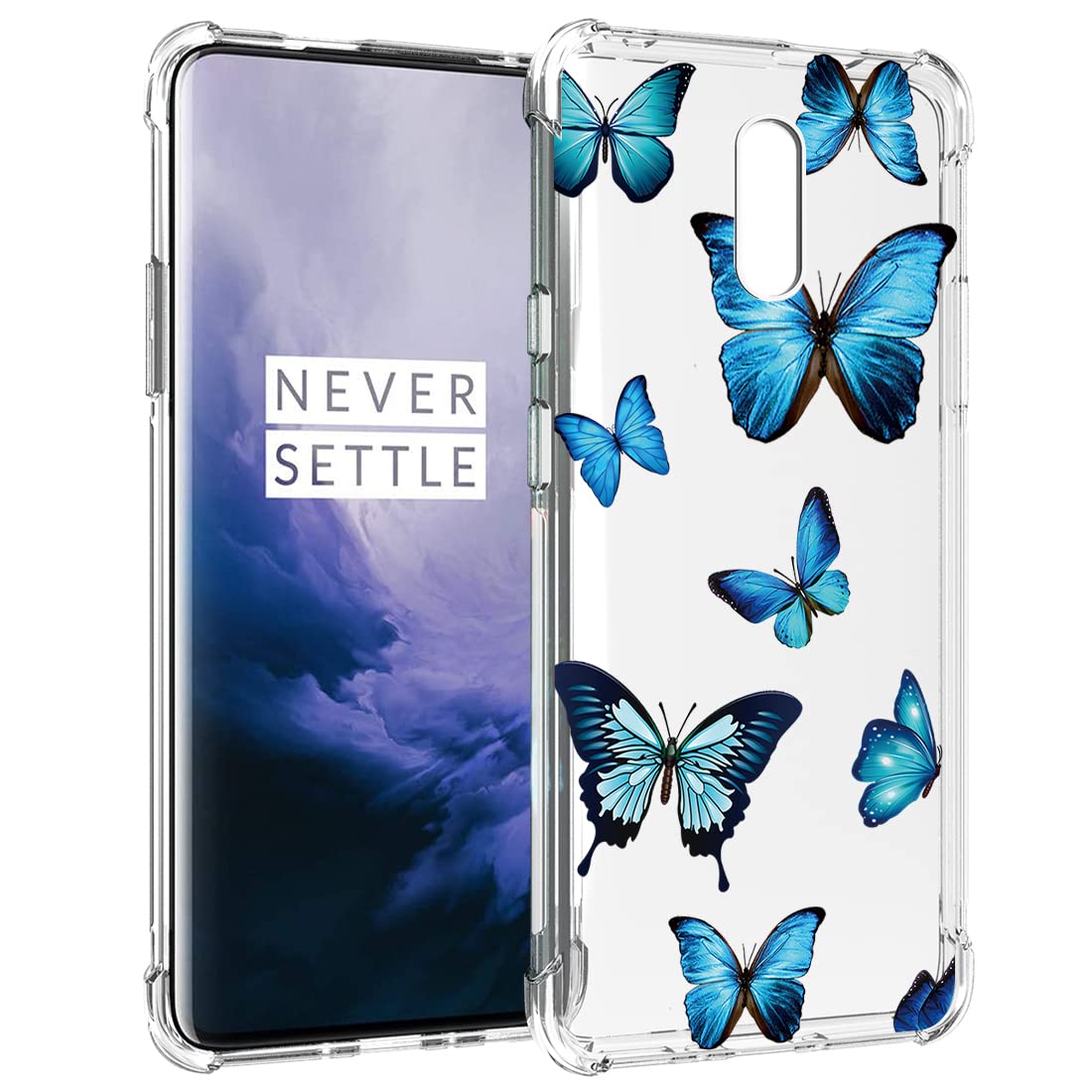 Cute Clear Slim Shockproof TPU Case for OnePlus 7 GM1901 & OnePlus 6T A6010 - Blue Butterfly Pattern Soft Flexible Rubber Protective Phone Cover for Women | Perfect for Everyday Use, Work & Travel