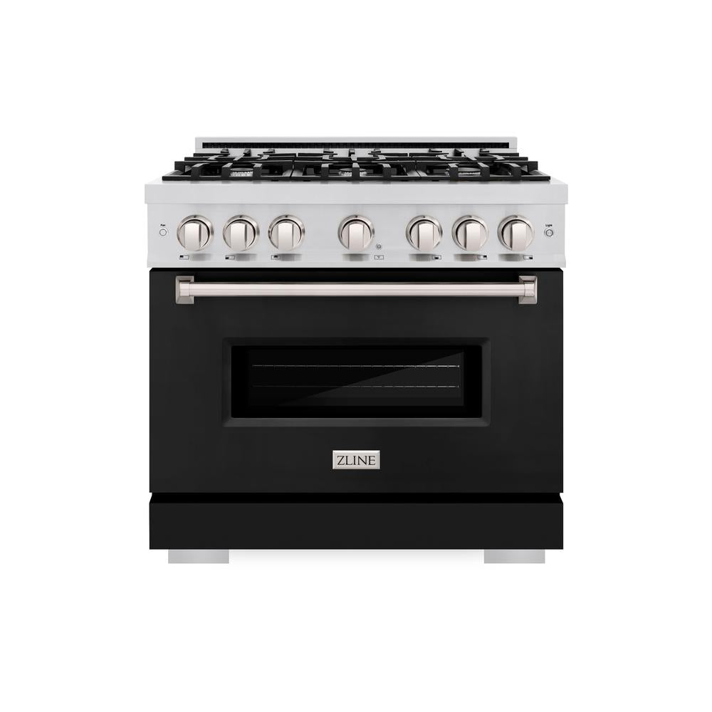 ZLINE 36 Inch 5.2 Cu. Ft. Stainless Steel Gas Range with 6 Burner Cooktop & Convection Oven - Black Matte Door (CGR BLM 36) - Perfect for Home Chefs & Modern Kitchens