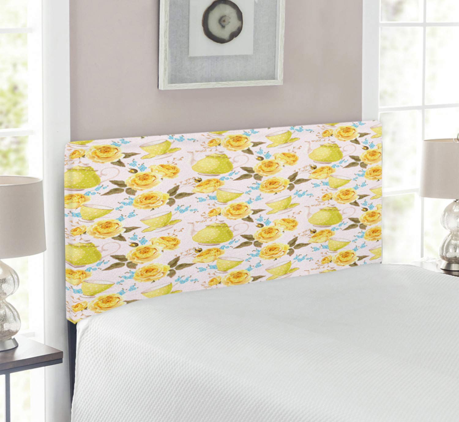 Ambesonne Floral Tea Time Headboard - Twin Size Upholstered Metal Bed Frame with Memory Foam, Turquoise & Yellow Design | Perfect for Boho Bedroom Decor & Tea Lover's Home