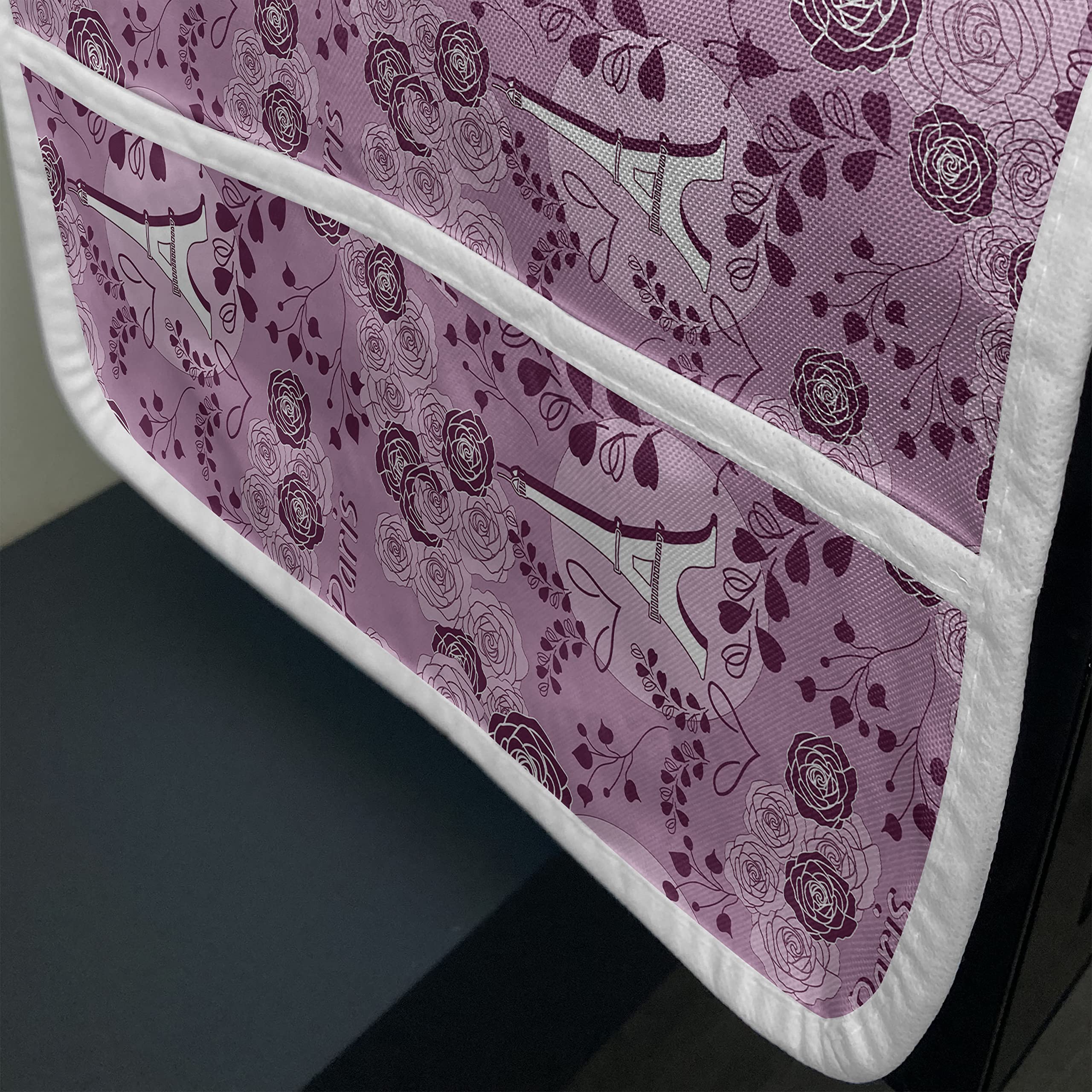 Ambesonne Valentine's Day Microwave Cover - Romantic Rose Flowers with Eiffel Tower Silhouette & Paris Quote - Waterproof Kitchen Organizer with Pockets - 36x12 Inches - Pale Fuchsia Plum White - Perfect for Valentine's Gifts & Kitchen Decor