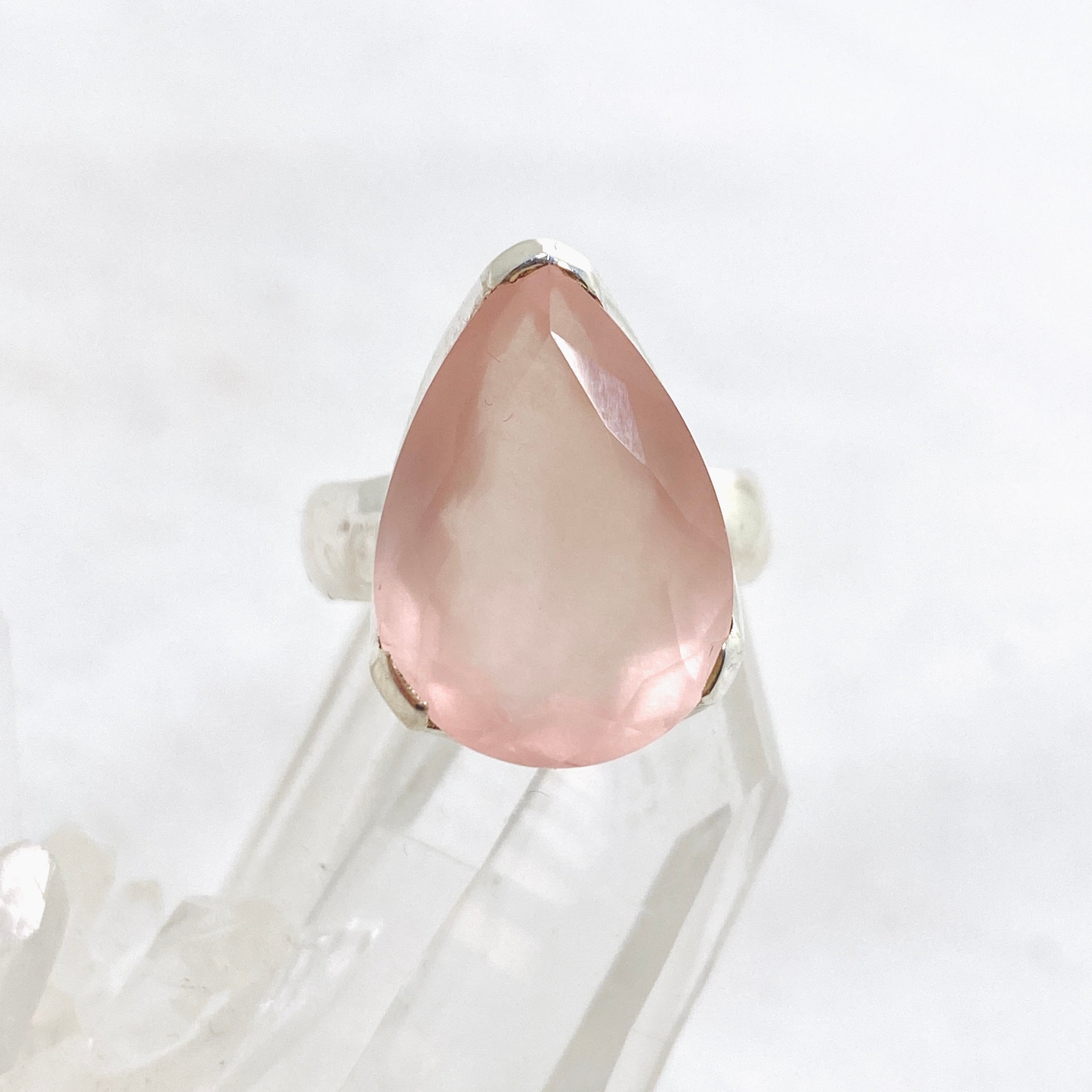 Rose Quartz Teardrop Faceted Ring - Size 7 - KRGJ3322 - Elegant Jewelry for Women, Wedding Gift, Spiritual Healing & Everyday Wear
