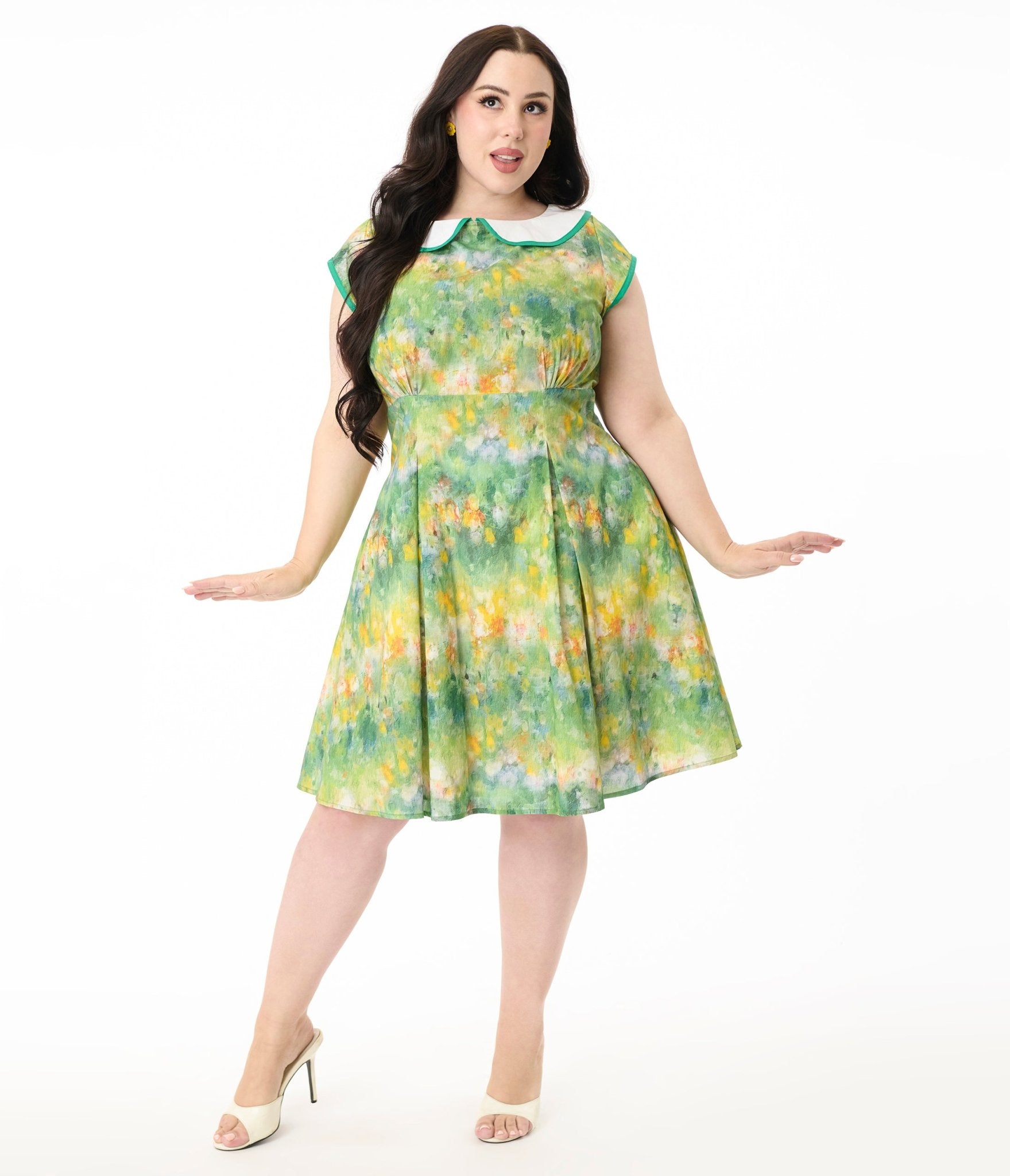 Smak Parlour Plus Size Green Painted Garden Fit & Flare Dress for Women | Floral Summer Dress for Outdoor Events, Weddings & Garden Parties