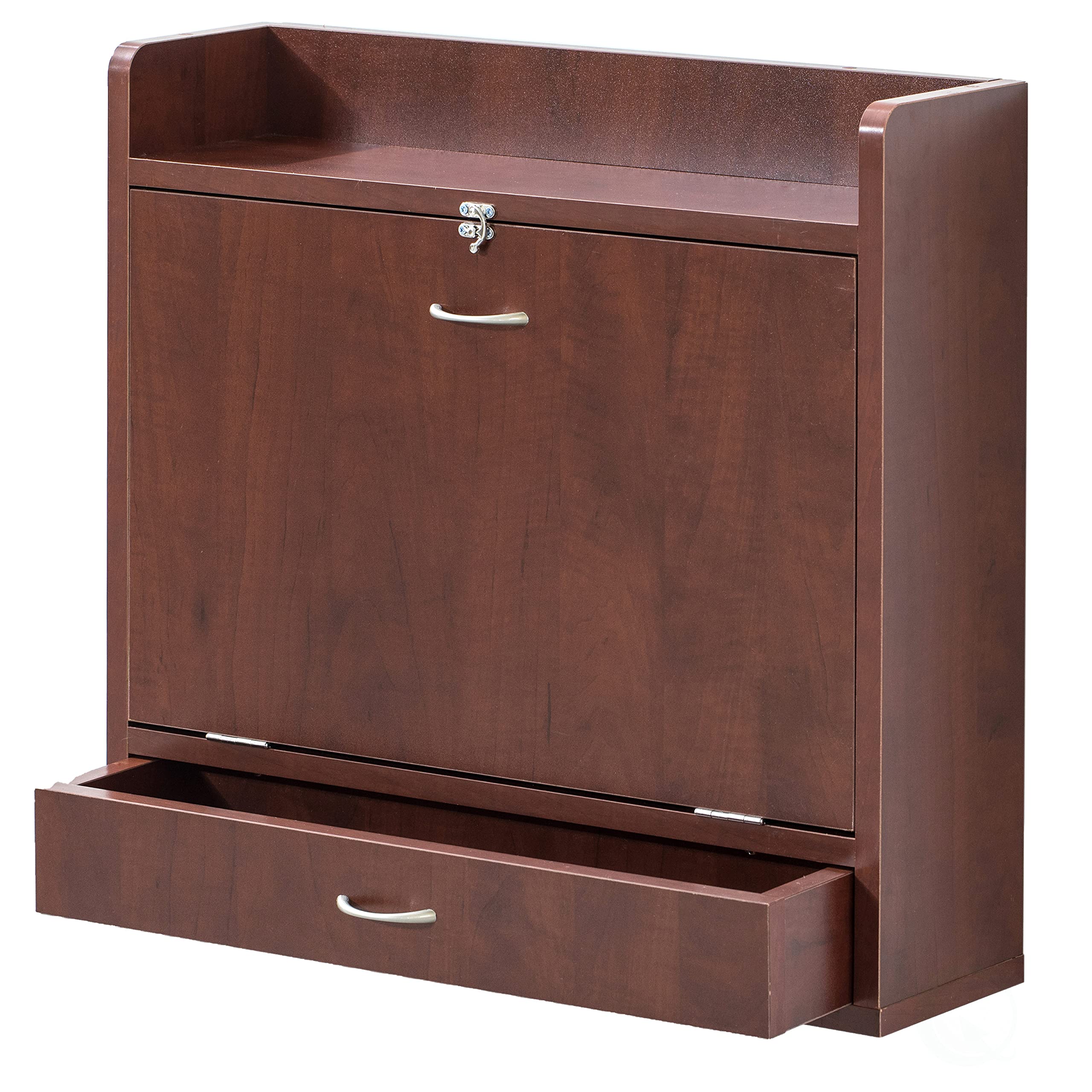 Basicwise Wall Mount Folding Desk for Laptop, Writing & Makeup - Space Saving Computer Desk with Storage Shelves & Drawer in Cherry Finish - Perfect for Small Apartments, Home Offices & Dorm Rooms