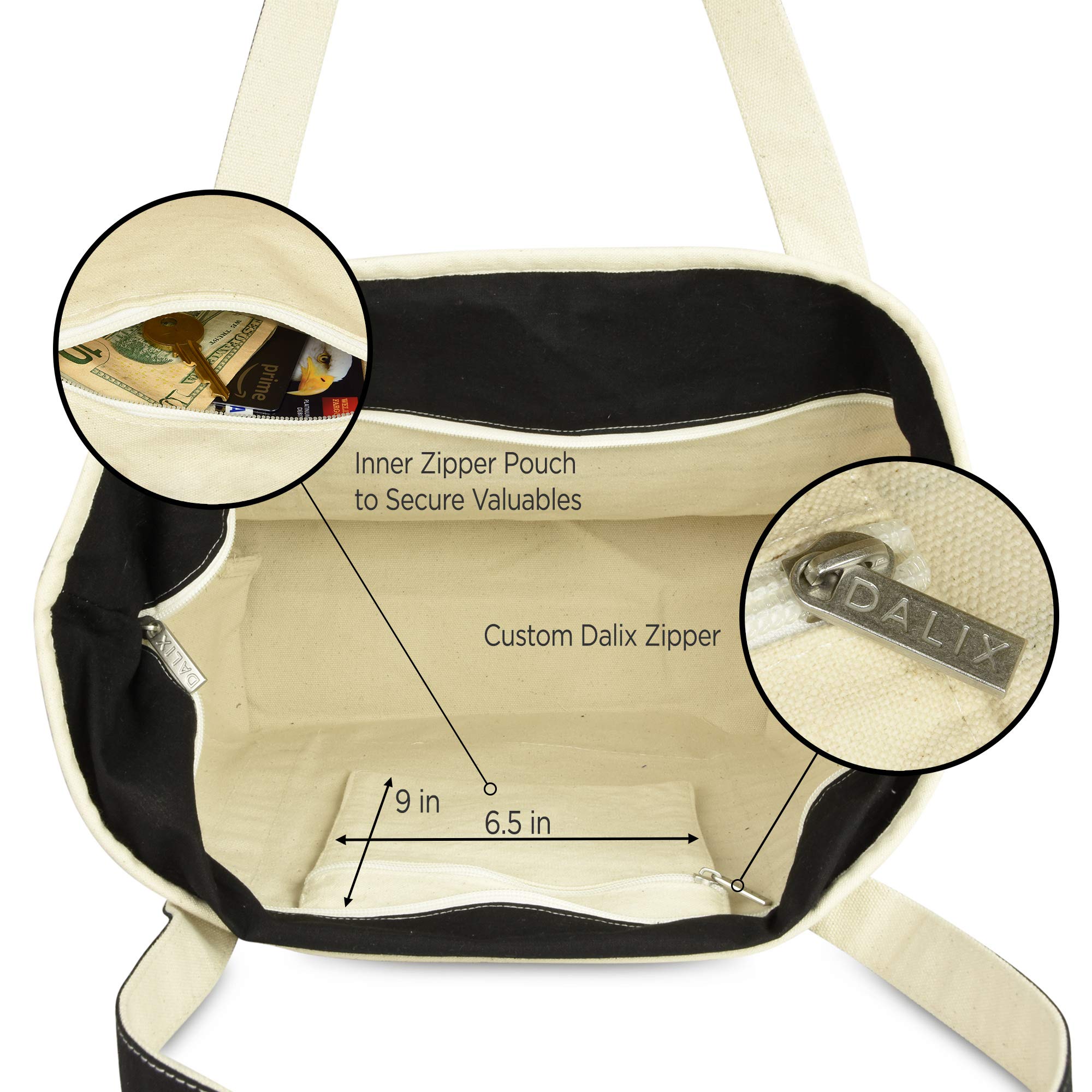DALIX Medium Stripe Tote Bag - Deluxe Cotton Canvas Shoulder Bag for Women in Black | Perfect for Work, Travel & Everyday Use