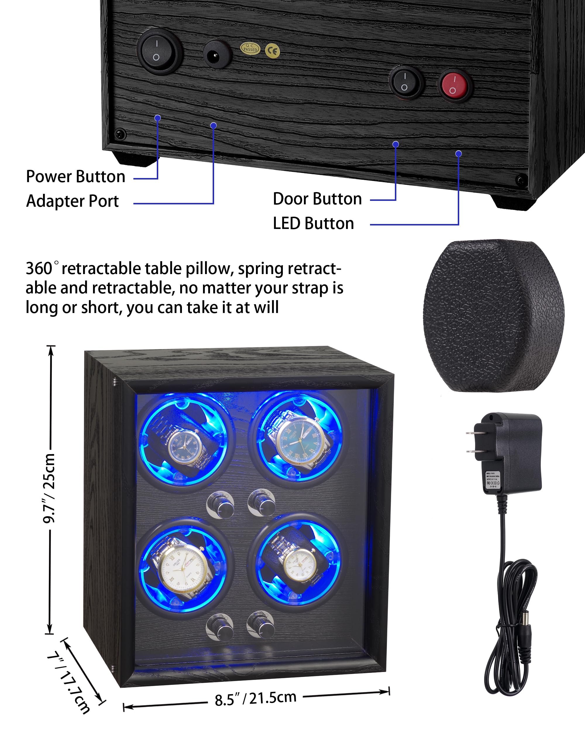 4 Watch Winder with Quiet Motor - Automatic Watch Winder with 4 Rotation Modes & LED Light (New Upgrade) - Perfect for Automatic Watch Storage & Display - Ideal Gift for Watch Collectors & Enthusiasts