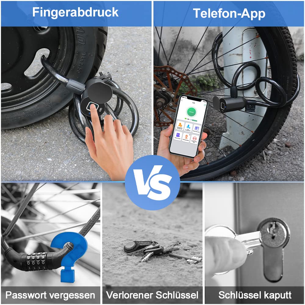 eLinkSmart Fingerprint Bike Lock - Keyless 150cm Steel Cable with Phone App Control - Waterproof & Remote Access for Bicycle, E-Bike, Scooter, Motorcycle & Door Security - Perfect for Urban Commuting & Outdoor Adventures