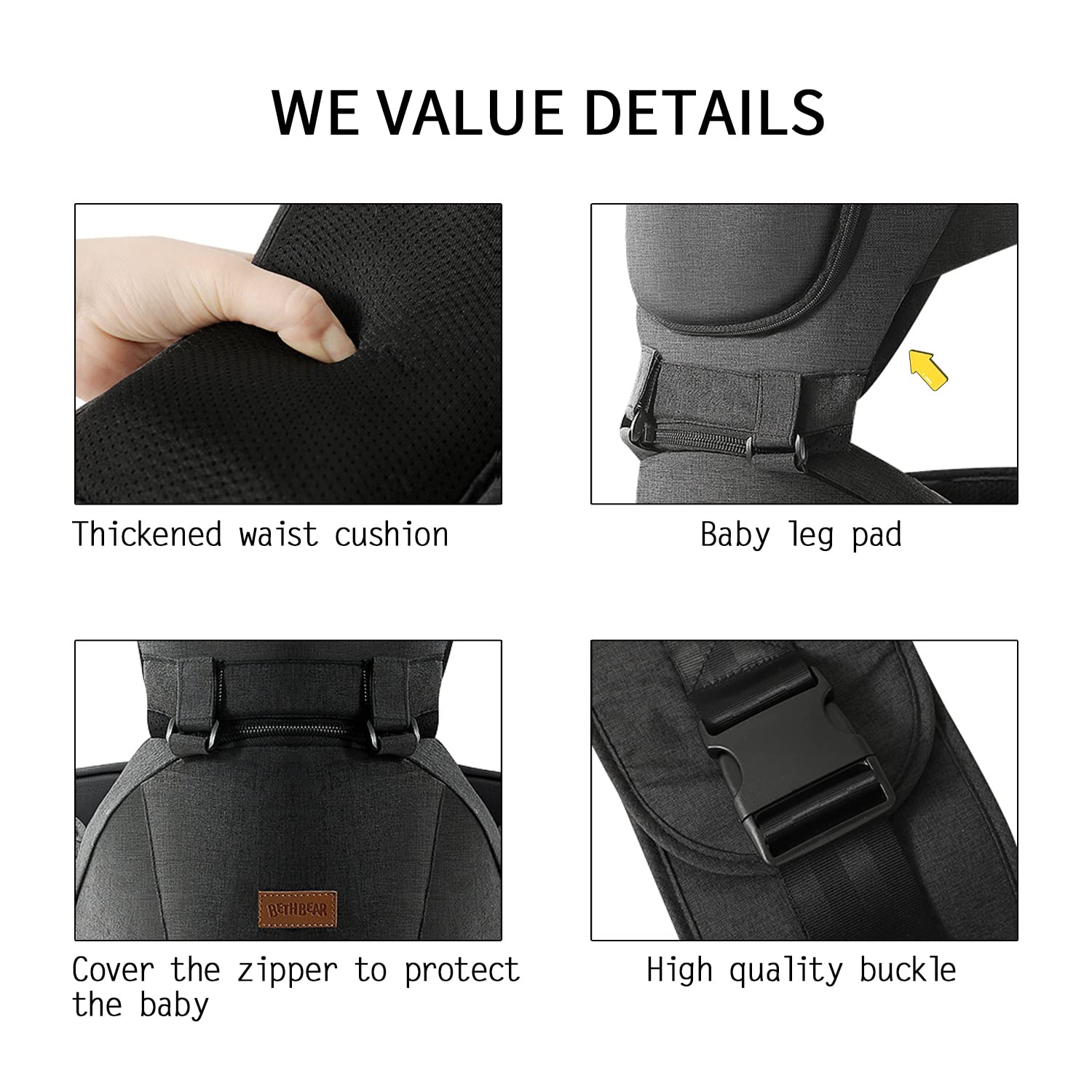 6-in-1 Adjustable Baby Carrier with Hip Seat - Ergonomic Infant to Toddler Carrier (0-36 Months) for Hands-Free Parenting | Perfect for Breastfeeding, Hiking & Daily Use | All-Season Comfort (Black)