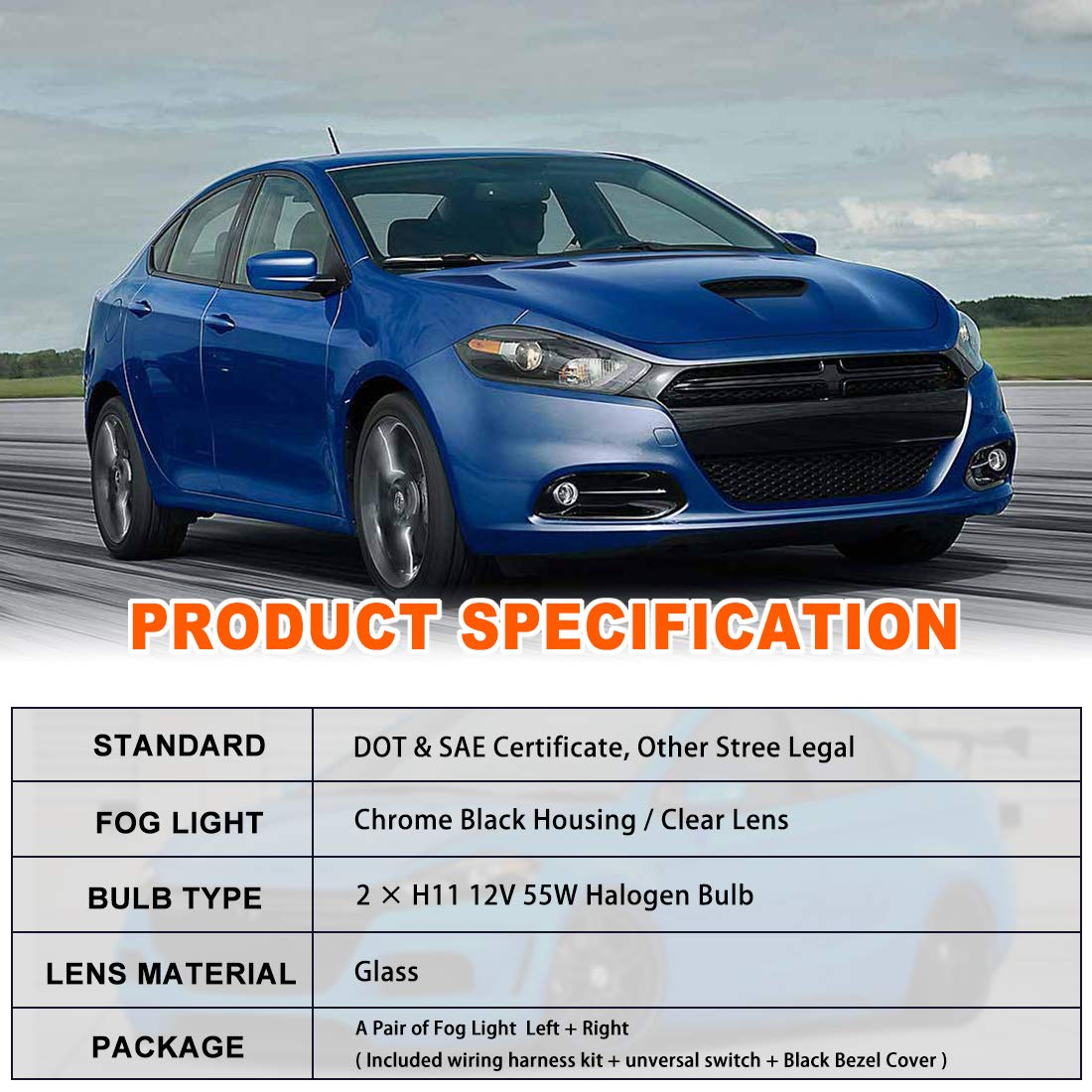 Nixon Offroad Fog Light Kit for 2013-2016 Dodge Dart - H11 12V 55W Halogen Bulb, Black Bezel Cover, Wiring Harness & Universal Switch - Fog Lamp Assembly with Clear Lens Replacement - Perfect for Night Driving & Off-Road Adventures