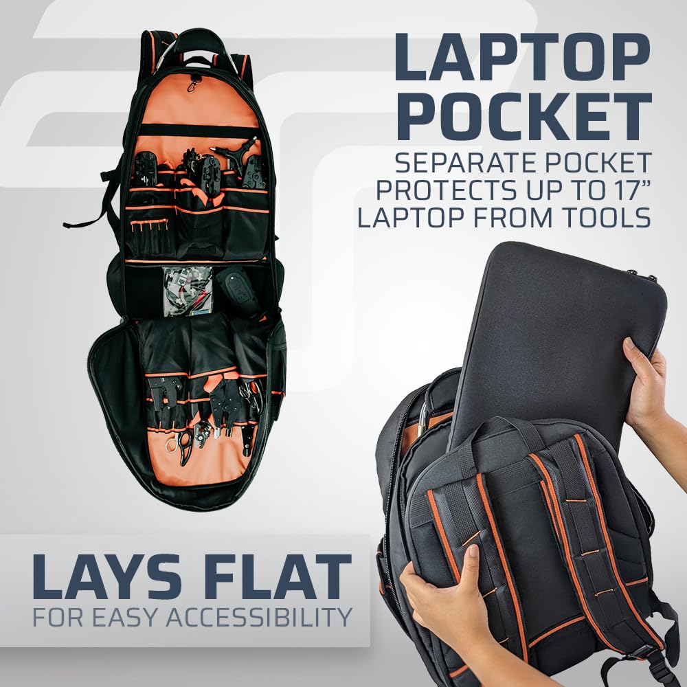 TEMPO PA9050 Heavy-Duty 40-Pocket Electrician Tool Backpack with Laptop Compartment - 200 lbs Capacity, Water Resistant Molded Bottom (2025 Model) - Perfect for Electricians, Contractors & DIY Home Repairs