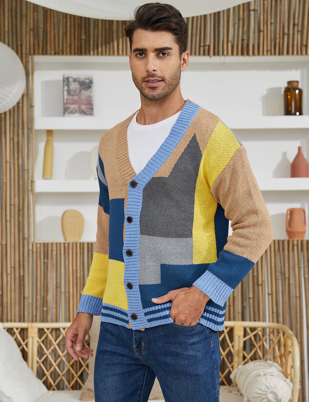 Arssm Men's Knitted Cardigan Sweater - Long Sleeve V-Neck Button Down Casual Cardigan for Office, Date & Fall Layering