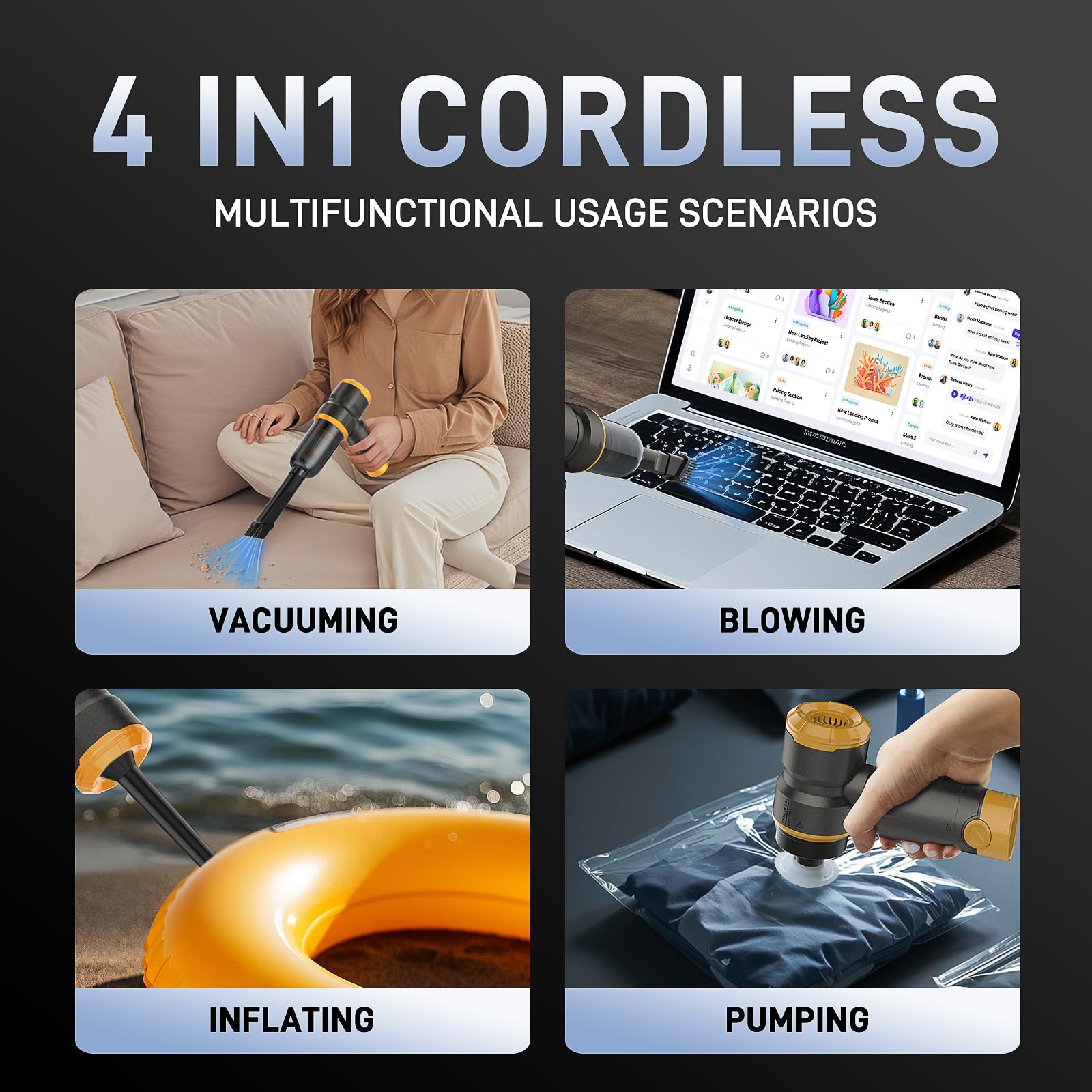 4-in-1 Cordless Car Vacuum Cleaner with 15000PA Powerful Suction - 120W Brushless Motor, 30 Min Runtime - Portable Mini Vacuum for Cars, Home & Pet Hair Removal - Ideal for Car Detailing, Upholstery Cleaning & Pet Owners