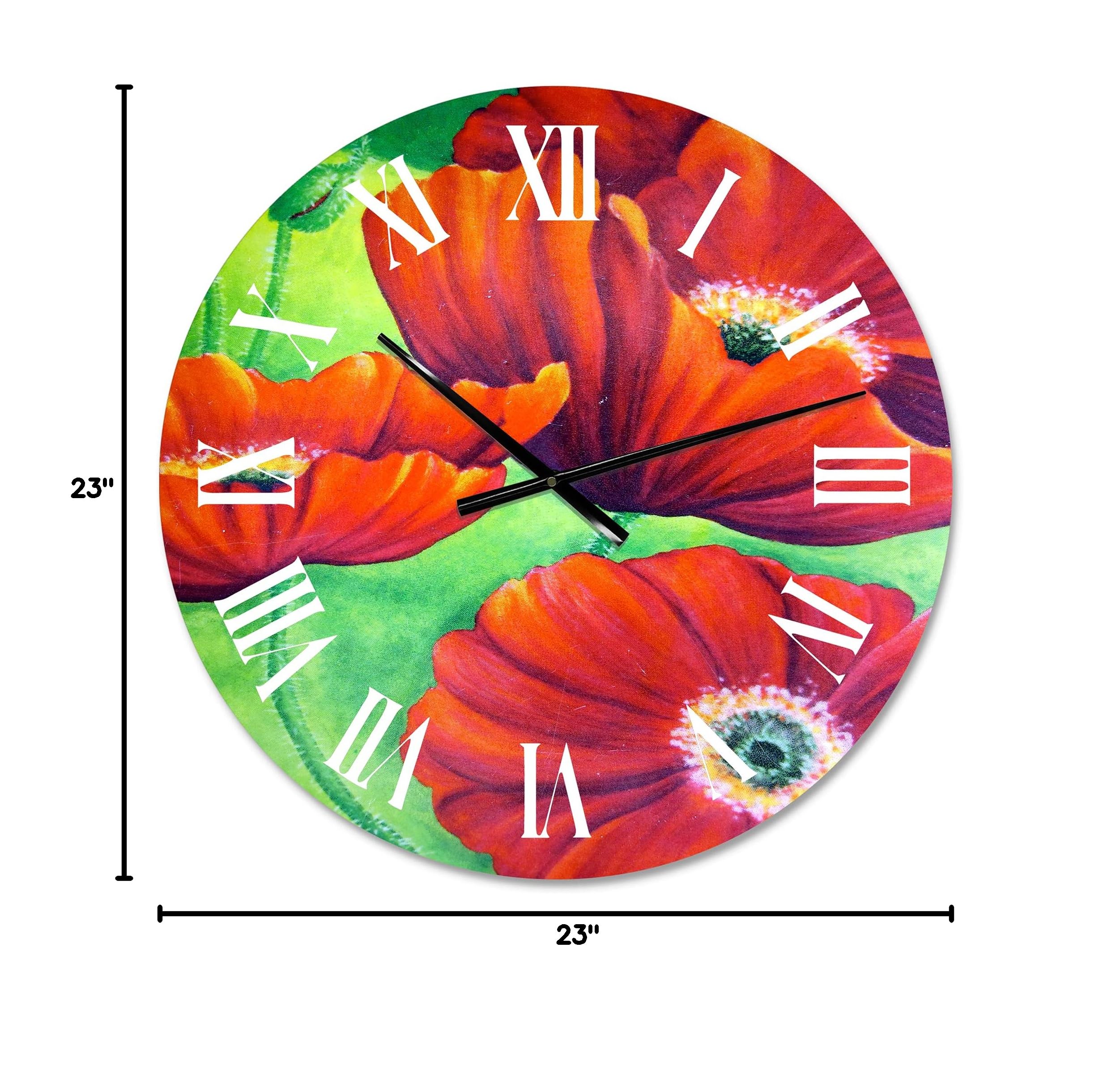 DesignQ Traditional Wall Clock 'Red Blossoming Poppies VII' - Large Floral & Botanical Wall Clock for Home Decor - Perfect for Bedroom, Living Room, and Office Spaces