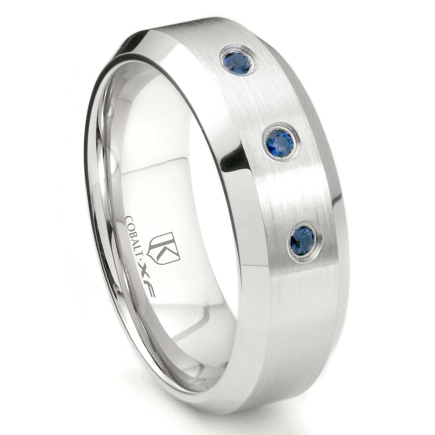 Cobalt XF Chrome 8MM 3 Sapphire Beveled Wedding Band Ring for Men - Durable Cobalt Chrome Wedding Ring with Genuine Sapphires - Perfect for Engagement, Anniversary & Special Occasions