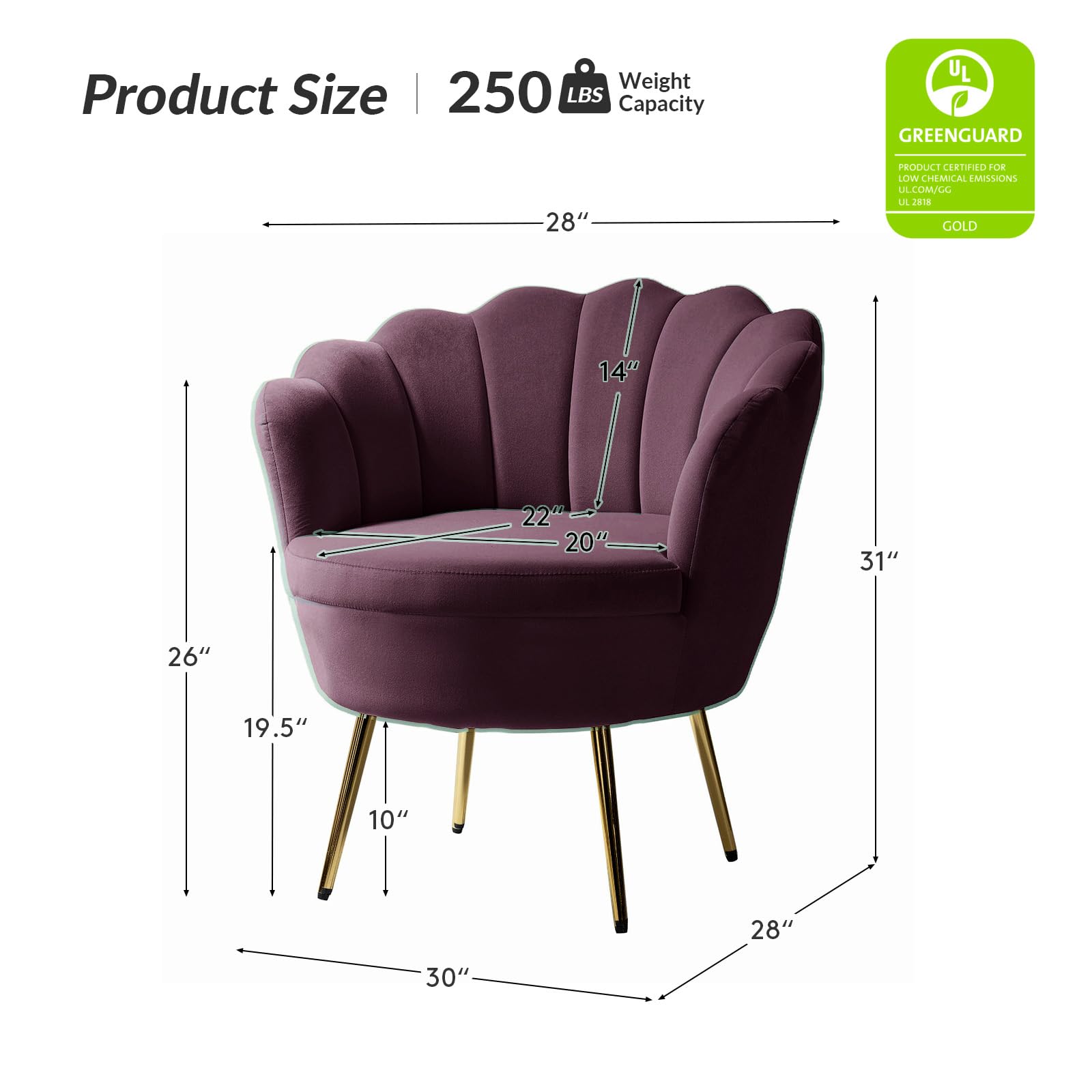 HULALA HOME Modern Velvet Accent Chair with Shell Shaped Back - Gold Legs Upholstered Armchair for Living Room, Bedroom & Makeup Vanity - Soft Purple Velvet Fabric - Perfect for Reading Nook, Dressing Area & Lounge Decor