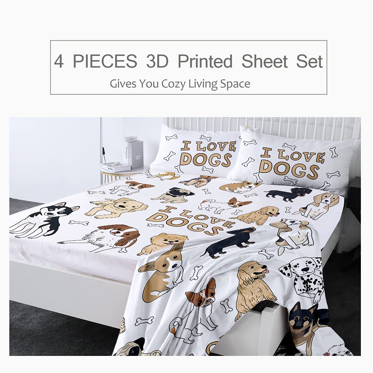 Premium Microfiber Dog Lover Bedding Set - Luxury Puppy Print Sheets for King Size Beds | Soft Pet-Themed Bedroom Decor for Dog Owners & Animal Lovers
