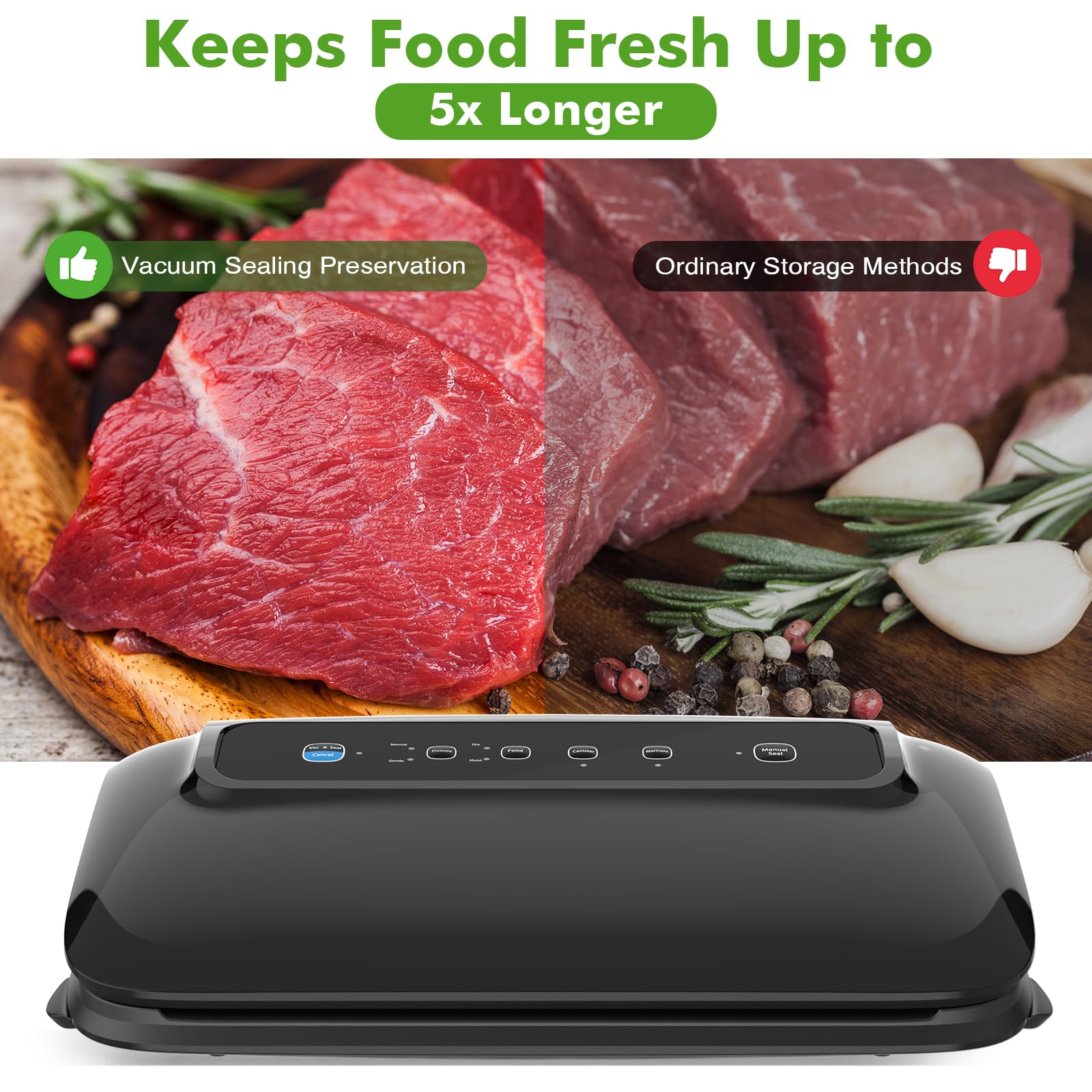 Powerful 80kPa Vacuum Sealer Machine with Roll Storage & Built-in Cutter - Multi-Functional Food Preservation System for Sous Vide, Meal Prep, Freezing & Fresh Food Storage | Includes Bags & Accessory Hose | Compact Black Design for Kitchen Countertop & Pantry Organization