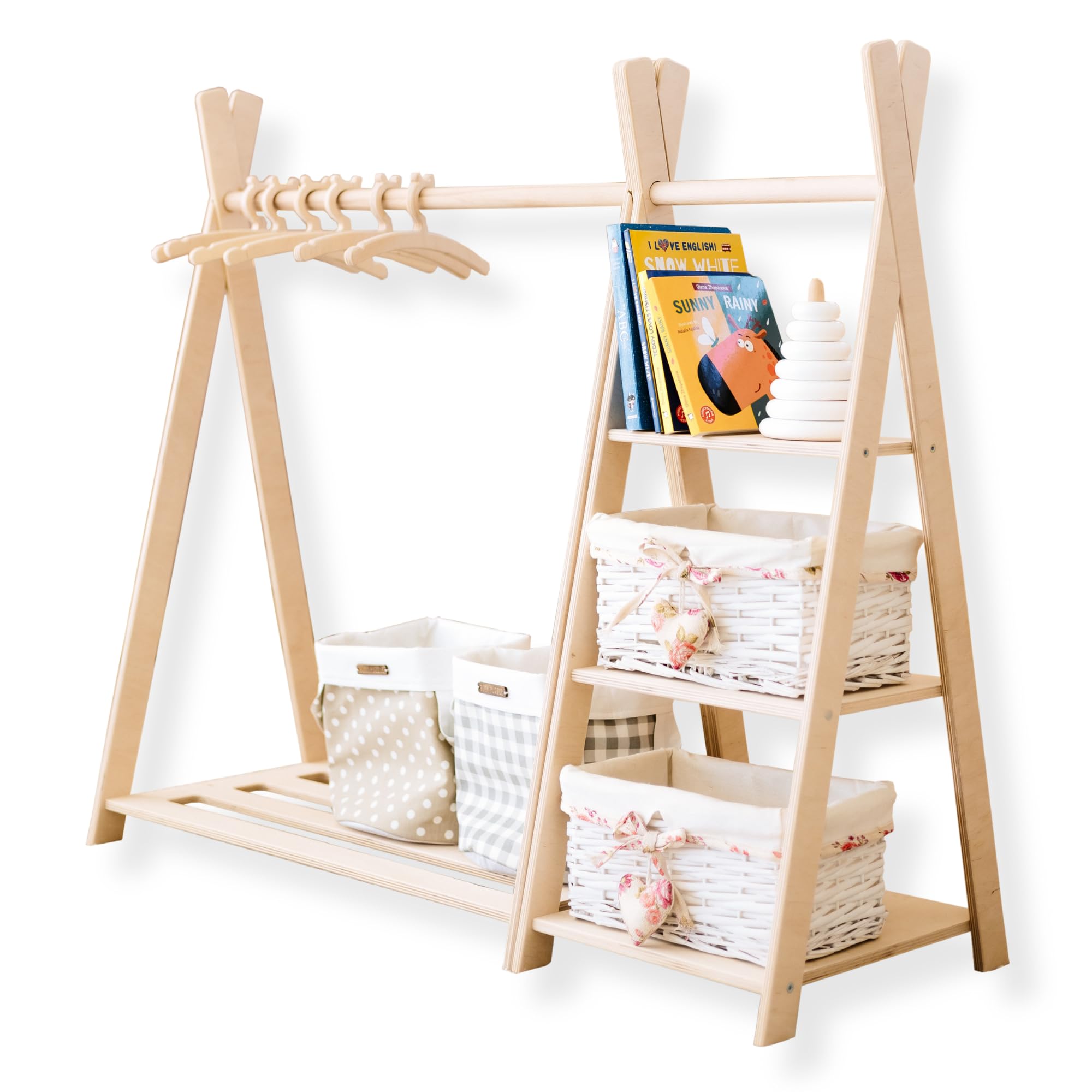 Montessori Toy Storage & Wooden Clothing Rack - Kids Wardrobe Organizer, Nursery Shelf, Teepee Toy Shelf - Natural Wood Nursery Furniture for Bedroom & Playroom Organization