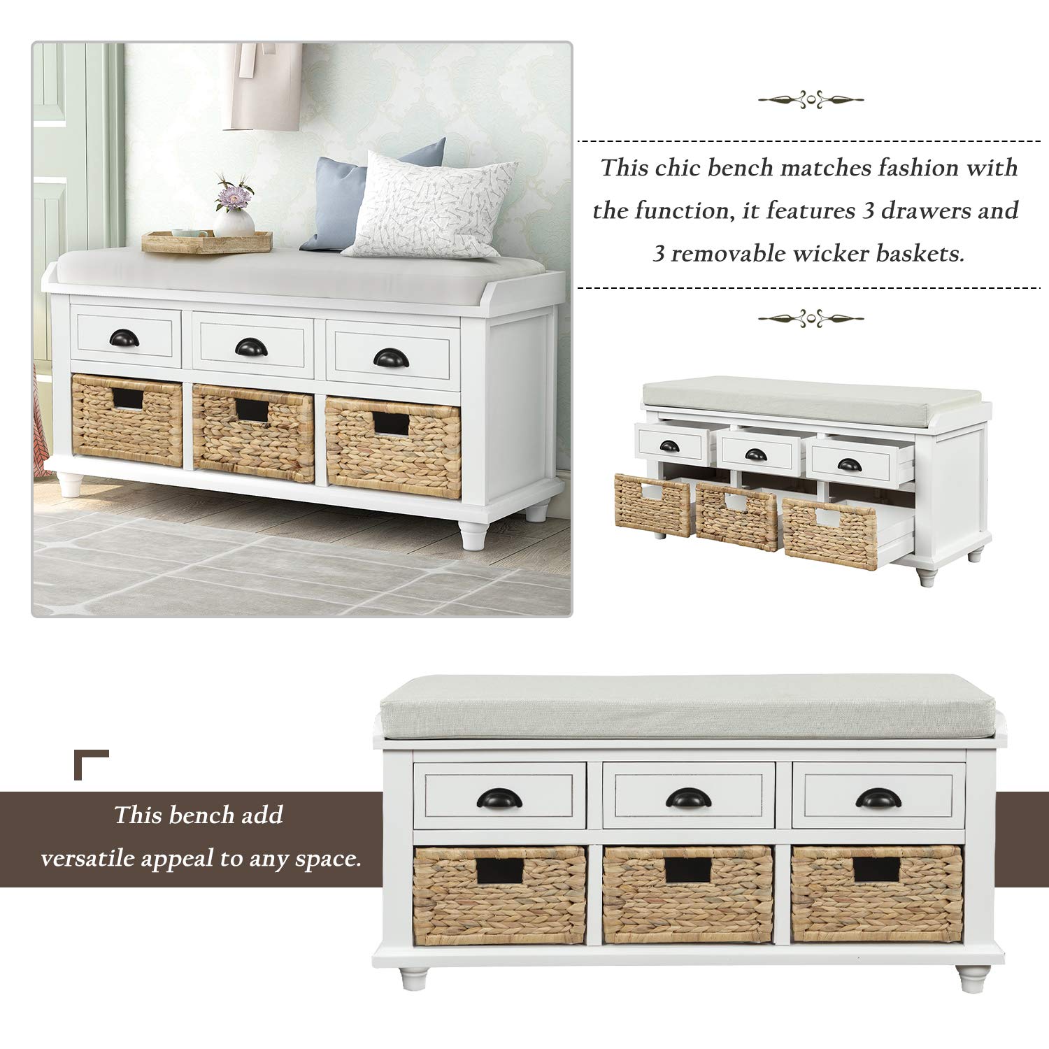 Rustic Entryway Storage Bench with Drawers & Baskets - for Shoes & Living Room