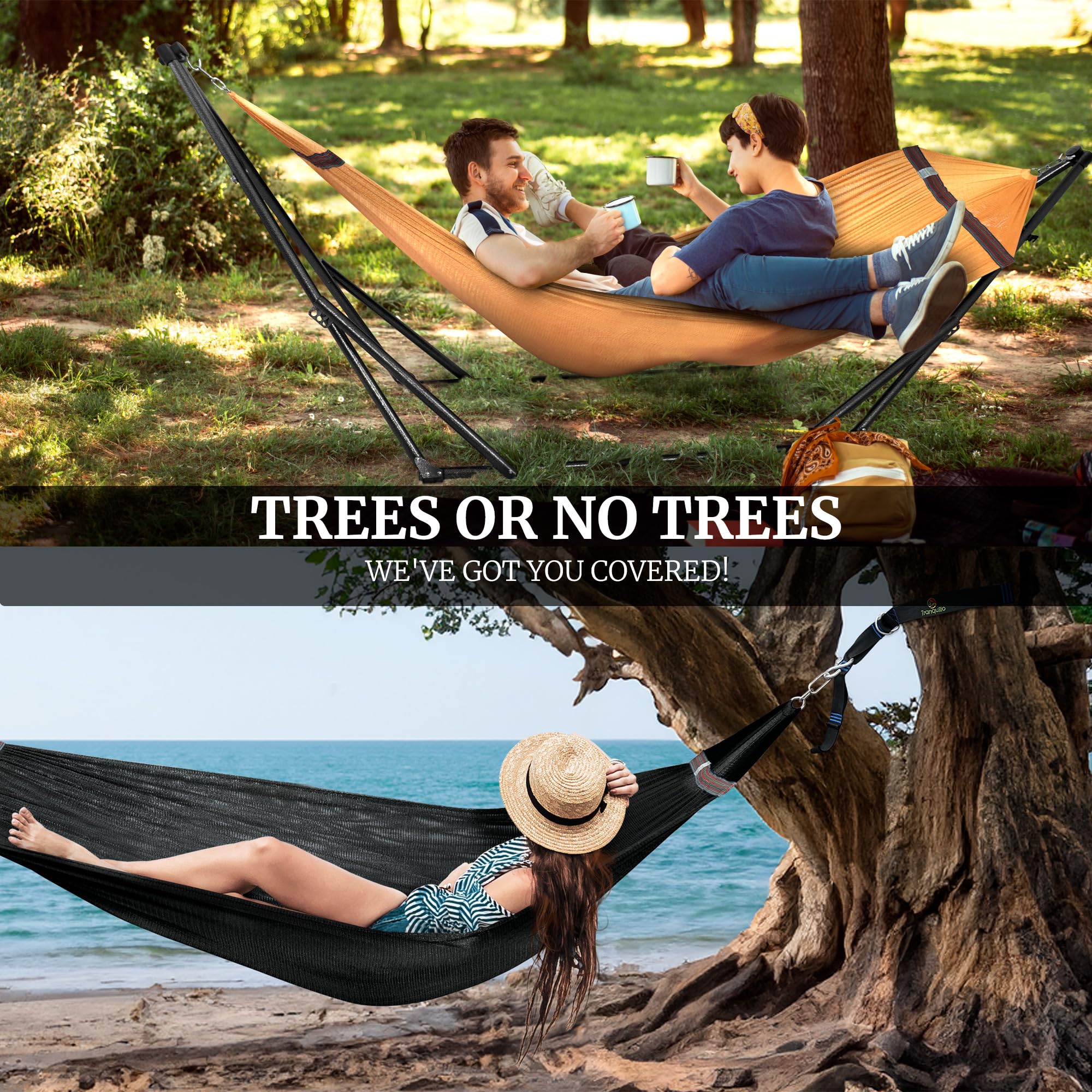 Premium 2-Person Hammock Set with Heavy Duty Stand & Tree Straps - 600lb Capacity for Indoor, Outdoor, Patio & Backyard Use - Includes 2 Hammocks & Portable Carrying Bags (Yellow) - Perfect for Relaxation, Camping, and Backyard Lounging